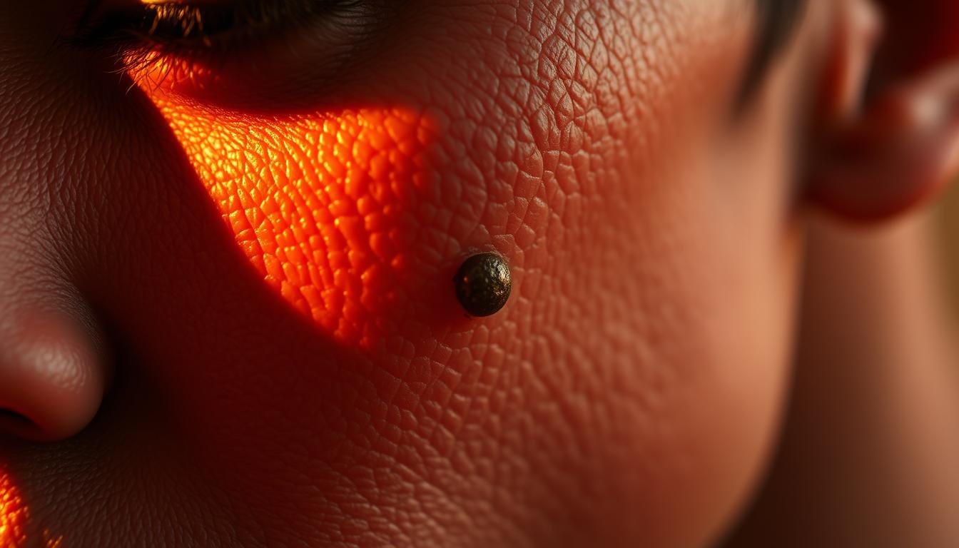 A detailed close-up of an intricately patterned human mole or birthmark, illuminated by a warm, golden-hued lighting that casts dramatic shadows and highlights the intricate textural details. The mole is the focal point, surrounded by a blurred, ethereal background that suggests the interplay between the scientific and metaphysical aspects of facial features and their perceived meanings. The image conveys a sense of careful observation, scientific analysis, and an underlying mystical or spiritual quality inherent in the study of physiognomy and its applications.