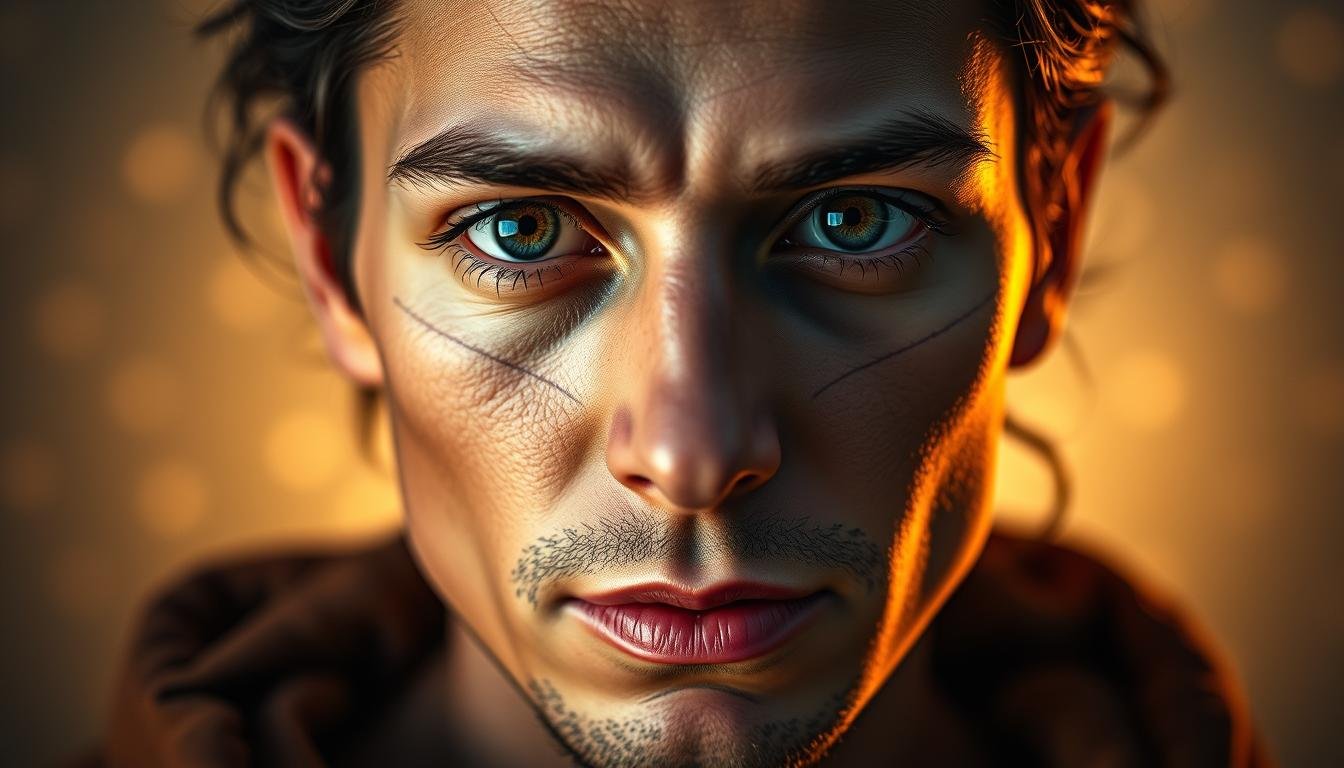 A detailed close-up portrait depicting the five key facial features - eyes, nose, mouth, ears, and brow - in a harmonious arrangement. The subject's face is illuminated by warm, soft lighting that accentuates the intricate details and contours of their physiognomy. The background is a serene, ethereal setting, allowing the facial analysis to be the focal point. The overall composition conveys a sense of thoughtfulness and insight, inviting the viewer to ponder the connections between outward appearance and inner character. The image should evoke a sense of the ancient art of physiognomy and its potential to reveal the mysteries of the human condition. A detailed close-up portrait depicting the five key facial features - eyes, nose, mouth, ears, and brow - in a harmonious arrangement. The subject's face is illuminated by warm, soft lighting that accentuates the intricate details and contours of their physiognomy. The background is a serene, ethereal setting, allowing the facial analysis to be the focal point. The overall composition conveys a sense of thoughtfulness and insight, inviting the viewer to ponder the connections between outward appearance and inner character. The image should evoke a sense of the ancient art of physiognomy and its potential to reveal the mysteries of the human condition.