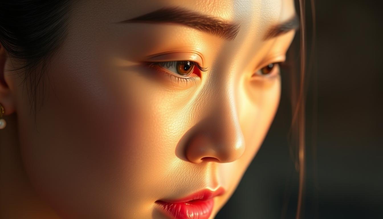 A detailed close-up portrait of a female face with prominent "lying silkworm" eyebrows, indicating a strong sign of fertility and prosperity. The skin is smooth and luminous, with delicate features and a serene, introspective expression. Warm, diffused lighting from the side accentuates the facial contours and brings out the depth and nuance in the eyes. The background is softly blurred, keeping the focus squarely on the subject's face and the distinctive brow shape. An elegant, timeless composition that conveys a sense of inner wisdom and auspicious destiny.