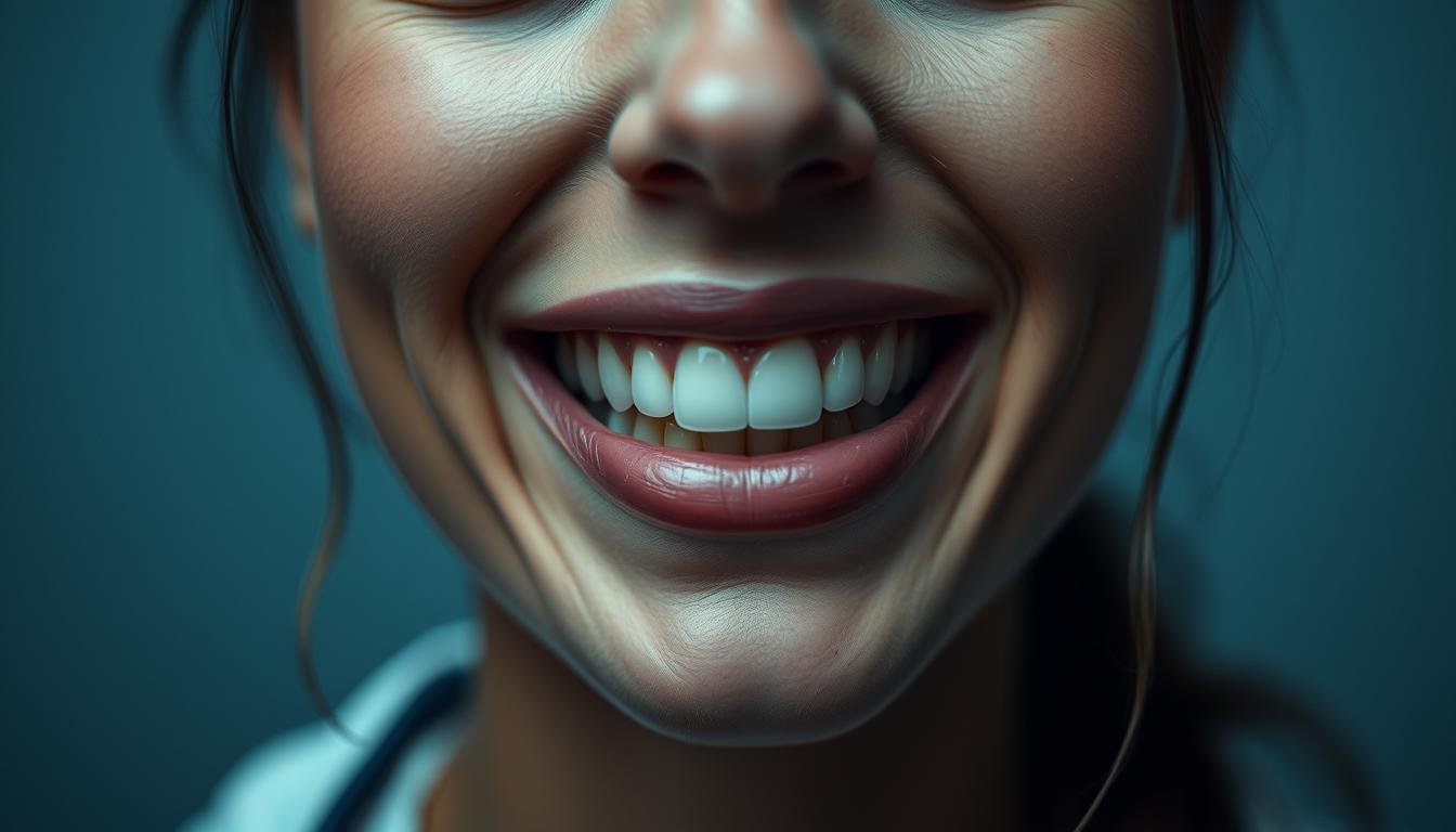 A detailed close-up portrait of a female subject, focusing on the intricate details of her teeth and jaw structure. Capture the subject in soft, diffused lighting that accentuates the contours and textures of her face. Render the image with a shallow depth of field, gently blurring the background to draw the viewer's attention to the subject's teeth and facial features. Convey a sense of scientific observation and medical analysis, as if the viewer is examining the subject's dental and facial characteristics through the lens of a professional assessment. Subtle, muted colors and a serene, contemplative mood should permeate the image, reflecting the thoughtful, analytical nature of the subject matter.
