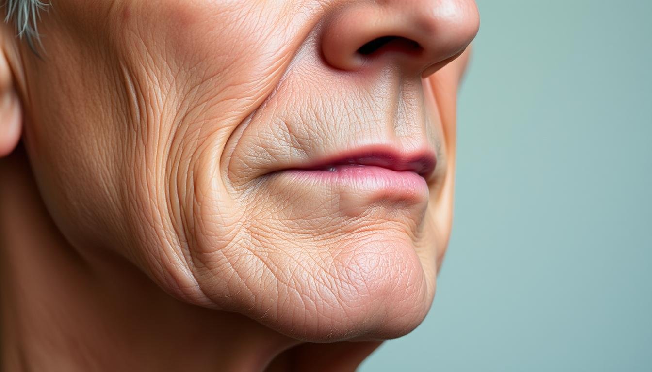 A detailed, close-up portrait of a human chin and jawline, captured in high-resolution. The subject's chin is shown in sharp focus, highlighting its unique shape, contours, and angles. The lighting is soft and diffused, creating a gentle, introspective mood. The background is slightly blurred, keeping the attention firmly on the chin's distinctive features. The image should convey a sense of thoughtfulness and insight, as if inviting the viewer to study the subject's chin and draw conclusions about their character and life stage.