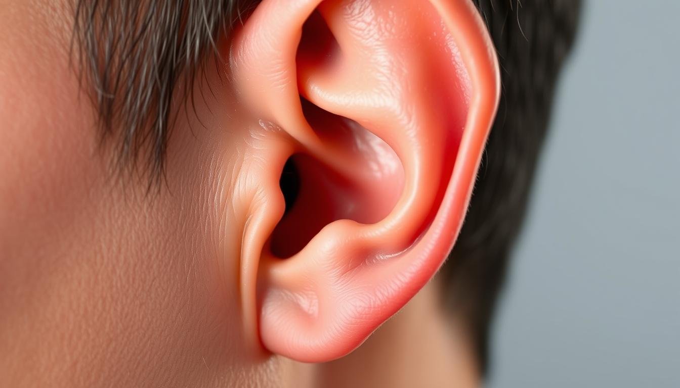 A detailed, close-up portrait of a human ear, showcasing the unique structure and characteristics of a "rebellious ear" (反骨耳). The ear is presented against a clean, minimalist background, allowing the intricate folds and contours to be the central focus. Soft, directional lighting illuminates the ear from the side, creating depth and shadow to accentuate the distinctive features. The image should convey a sense of careful observation and analysis, inviting the viewer to closely examine the nuances of this particular ear type and its potential insights into the subject's personality and destiny, as discussed in the article's section on "反骨耳的特別解析".