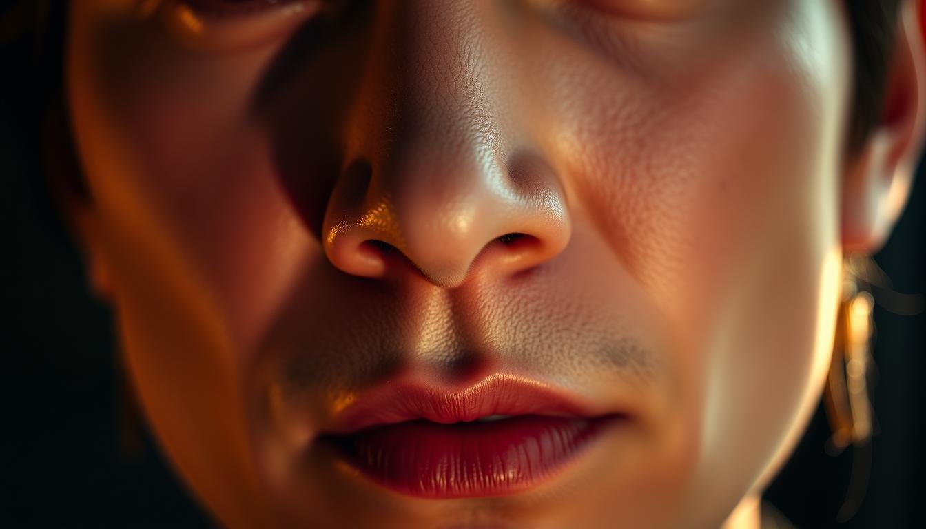 A detailed close-up portrait of a human face, capturing the distinct facial feature known as the "人中" or "philtrum". The subject's face is illuminated by warm, directional lighting, casting subtle shadows that accentuate the contours and structures of the nose, lips, and the philtrum itself. The lens has a shallow depth of field, gently blurring the background to focus the viewer's attention on the central subject. The expression is serene, conveying a sense of introspection and contemplation, hinting at the hidden insights this facial feature may reveal about one's life path and destiny. The overall mood is pensive, inviting the viewer to study and interpret the subtle nuances of this intriguing aspect of physiognomy. A detailed close-up portrait of a human face, capturing the distinct facial feature known as the "人中" or "philtrum". The subject's face is illuminated by warm, directional lighting, casting subtle shadows that accentuate the contours and structures of the nose, lips, and the philtrum itself. The lens has a shallow depth of field, gently blurring the background to focus the viewer's attention on the central subject. The expression is serene, conveying a sense of introspection and contemplation, hinting at the hidden insights this facial feature may reveal about one's life path and destiny. The overall mood is pensive, inviting the viewer to study and interpret the subtle nuances of this intriguing aspect of physiognomy.