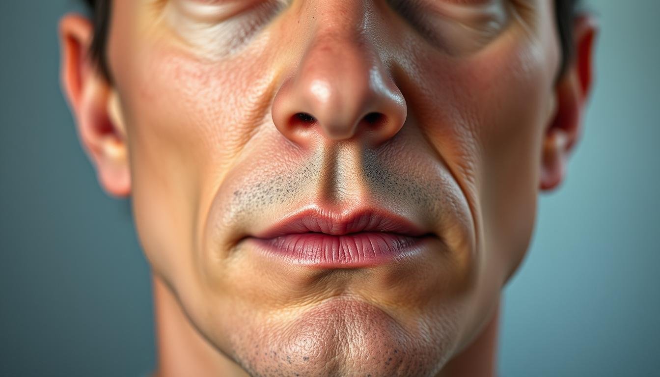 A detailed close-up portrait of a human face, focusing on the central region encompassing the nose and mouth. The lighting is soft and natural, highlighting the subtle contours and textures of the skin. The expression is neutral, allowing the facial features to be prominently displayed. The depth of field is shallow, blurring the background to emphasize the subject. The image captures the intricate details of the nose, lips, and surrounding areas, providing a comprehensive visual reference for analyzing the physiognomic characteristics associated with this region of the face. The overall mood is contemplative and study-focused, suitable for an academic or diagnostic context. A detailed close-up portrait of a human face, focusing on the central region encompassing the nose and mouth. The lighting is soft and natural, highlighting the subtle contours and textures of the skin. The expression is neutral, allowing the facial features to be prominently displayed. The depth of field is shallow, blurring the background to emphasize the subject. The image captures the intricate details of the nose, lips, and surrounding areas, providing a comprehensive visual reference for analyzing the physiognomic characteristics associated with this region of the face. The overall mood is contemplative and study-focused, suitable for an academic or diagnostic context.