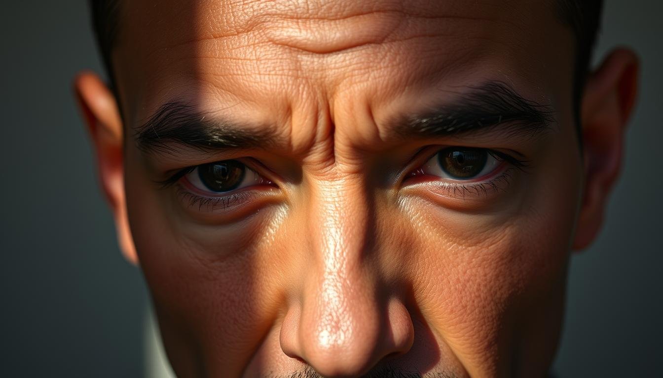 A detailed close-up portrait of a man's forehead, showcasing the prominent "Fumu Palace" feature in the center. The forehead is illuminated by soft, natural lighting, casting subtle shadows that accentuate the facial contours. The skin texture is rendered with a realistic, high-definition quality, allowing the viewer to appreciate the intricate details of the forehead's structure. The composition places the subject in the center, filling the frame and encouraging a contemplative, analytical examination of this distinctive facial characteristic. The overall mood is one of thoughtful observation, inviting the viewer to study the physiognomic implications of this prominent forehead landmark.