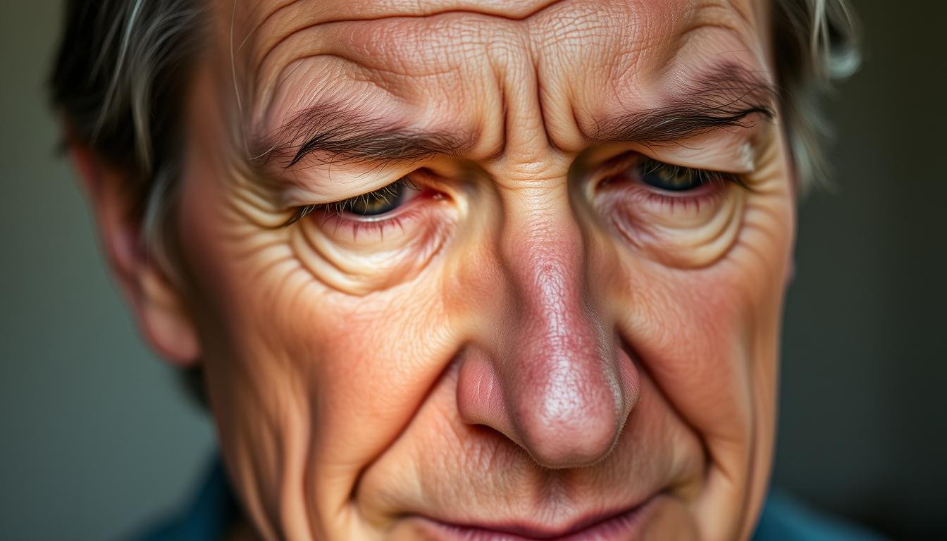 A detailed close-up portrait of a mature human face, illuminated by soft, diffused natural lighting. The face is in a neutral, observant expression, with a slight furrowing of the brow and a downward tilt of the eyes, capturing a thoughtful, introspective mood. The key focus is on the distinct, well-defined laugh lines or "crow's feet" radiating from the outer corners of the eyes, as well as the subtle, intricate patterns of vertical lines or "worry lines" across the forehead. The skin texture should appear weathered yet supple, reflecting a lifetime of experiences. The background is blurred and muted, allowing the facial features to take center stage and convey a sense of self-examination and understanding of one's own physiognomy.
