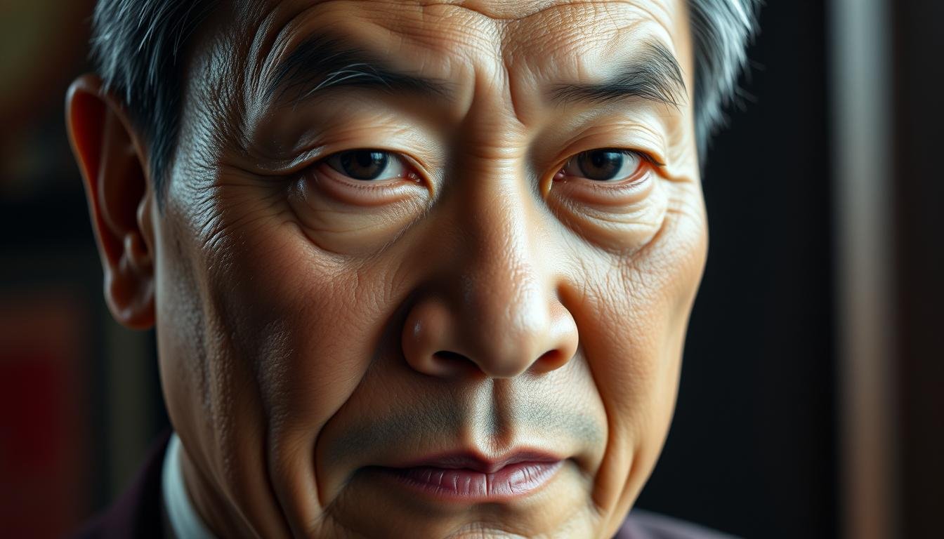 A detailed close-up portrait of a middle-aged Asian man with distinct facial features indicative of wealth and fortune. The subject has full, rounded cheeks, a prominent forehead, and a strong, squared jawline. His eyes are deep-set and piercing, with well-defined brows. The lighting is soft and flattering, creating gentle shadows that accentuate the contours of his face. The background is slightly blurred, placing the focus entirely on the man's intriguing facial characteristics. The overall mood is one of power, wisdom, and prosperity, capturing the essence of the "five auspicious physiognomic traits" mentioned in the section title.