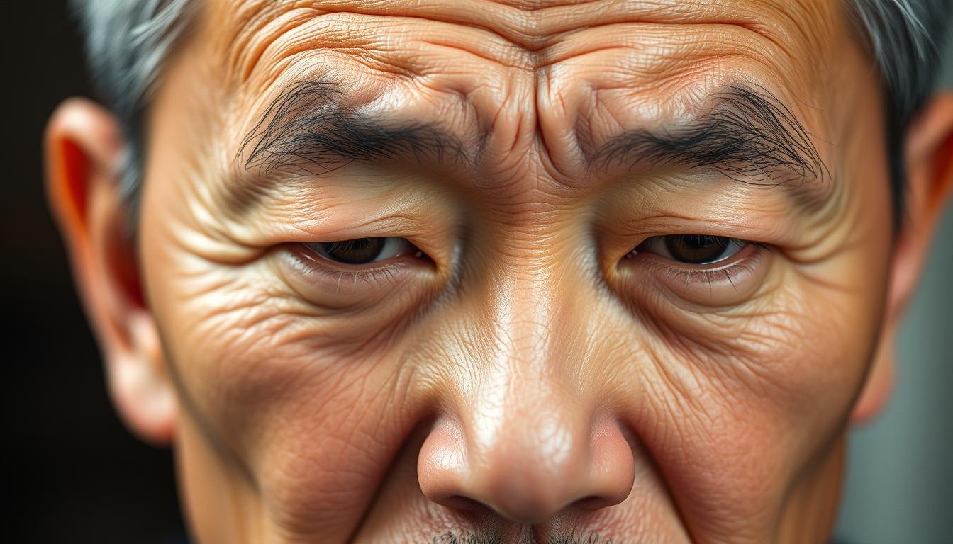A detailed close-up portrait of a middle-aged Asian man's face, highlighting the health-related information that can be gleaned from his facial features and expressions. The image should convey a sense of introspection and analysis, with a soft, natural lighting that emphasizes the subject's skin texture and facial contours. The focus should be on the forehead and brow area, where the frown lines and furrows provide insights into the individual's wellbeing. The background should be slightly blurred, drawing the viewer's attention to the face and its subtle, yet revealing, physiognomic details.