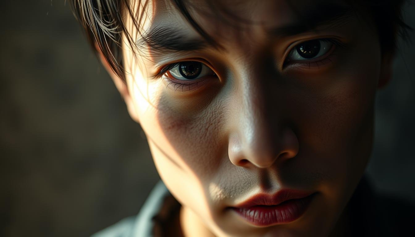 A detailed close-up portrait of a person with the distinctive "三白眼" facial features, showcasing their unique personality and character. The subject's gaze is intense and piercing, with a slight hint of enigmatic mystery. Soft, directional lighting accentuates the contours of the face, creating a chiaroscuro effect that adds depth and drama. The background is subtly out of focus, allowing the viewer to focus solely on the intricate details of the face and its expression. The overall mood is one of contemplation and introspection, reflecting the thoughtful, analytical nature associated with the "三白眼" type.