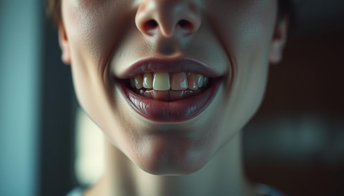 A detailed close-up portrait of a person's face, capturing the distinct features of their "gum-show" facial structure. The subject's lips are slightly parted, revealing a noticeable amount of gum above their teeth, creating an expressive and distinctive look. The lighting is soft and flattering, with a shallow depth of field to keep the focus on the facial details. The background is blurred and minimalist, placing all emphasis on the face and its unique character. The mood is introspective and analytical, inviting the viewer to study the subject's facial cues and infer their personality traits. The overall composition is balanced and visually striking, allowing the "gum-show" feature to become the central point of interest.