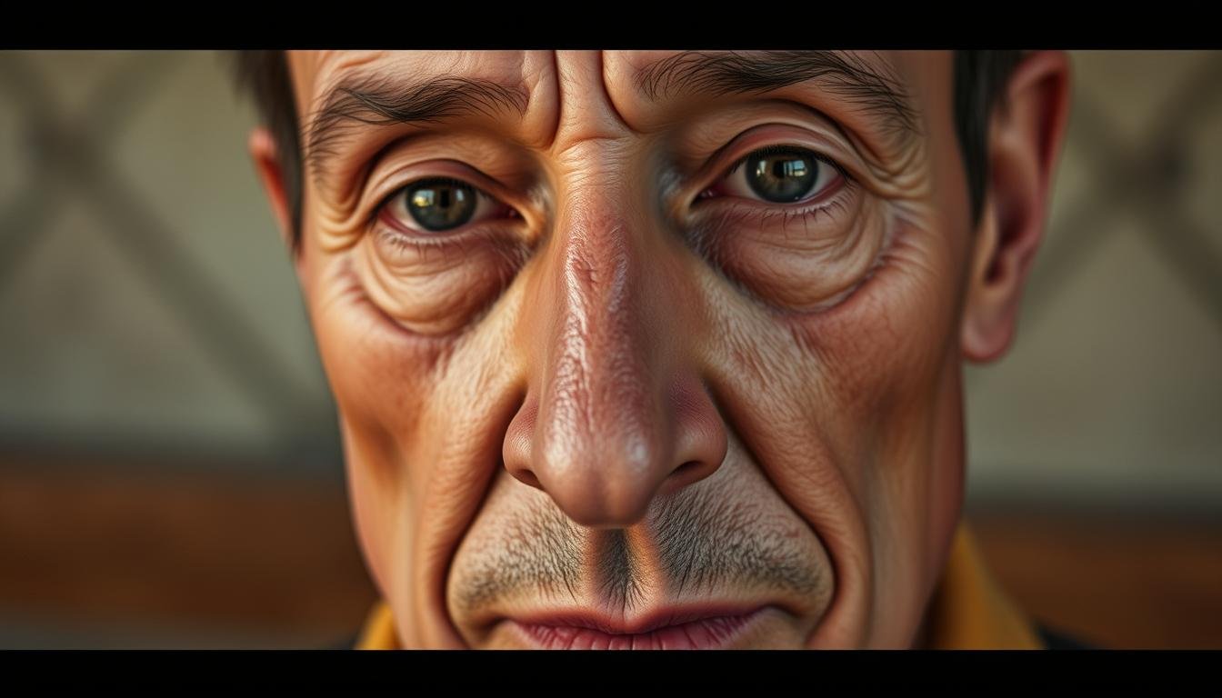 A detailed close-up portrait of a person's face, capturing the intricate features and expressions that reveal their inner wisdom and life experiences. The image should have a warm, contemplative mood, with soft, directional lighting that accentuates the planes and contours of the face. The focus should be on the five key facial features - the eyes, nose, ears, mouth, and eyebrows - which should be rendered with a high level of realism and attention to detail. The background should be a neutral, blurred environment that does not distract from the main subject. The overall composition should convey a sense of thoughtfulness and insight, inviting the viewer to explore the hidden meanings and stories behind the individual's facial characteristics.