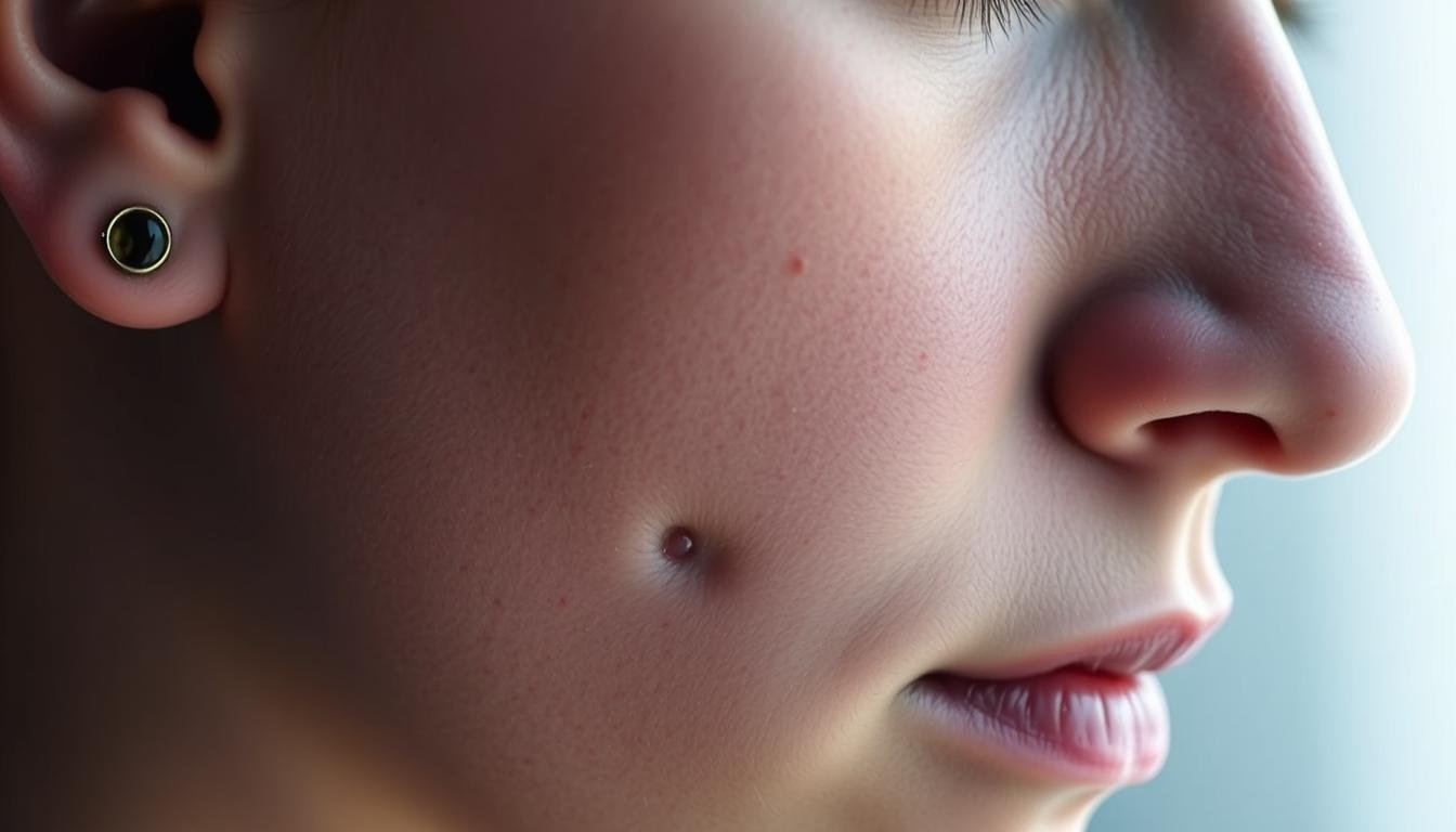 A detailed close-up portrait of a person's face, focused on the cheeks and ear area, showcasing the intriguing placement and shapes of moles or birthmarks. The lighting is soft and diffused, creating a serene, contemplative mood. The skin texture is lifelike, with subtle imperfections and pores visible. The composition emphasizes the distinctive features, allowing the viewer to study and interpret the insights they may hold about the person's personality, strengths, and life path. The background is softly blurred, keeping the attention on the expressive facial details. The overall image conveys a sense of introspection and the hidden wisdom contained within the unique markings of the face.