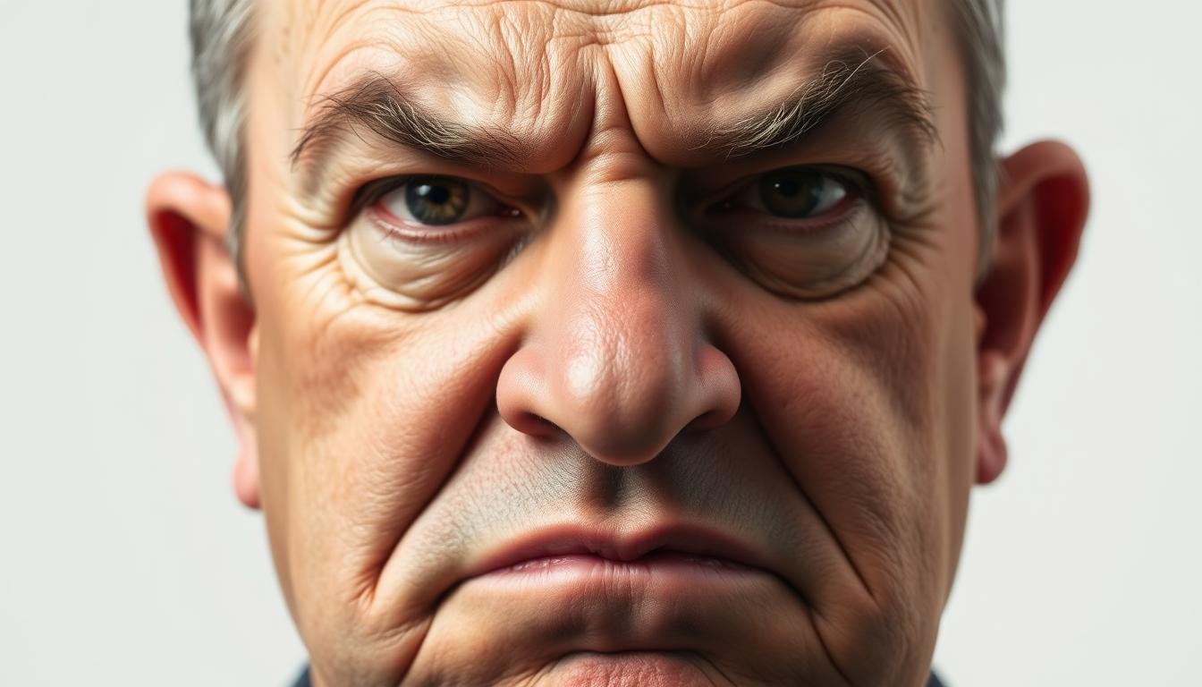 A detailed close-up portrait of a person's face, showcasing the five key selfish facial features. The subject has a harsh, stern expression with tightly pursed lips, beady eyes, and a pronounced frown line on the forehead. The skin appears weathered and slightly ruddy, with prominent nasolabial folds and a bulbous nose. The ears are set low, and the brow is heavy and furrowed. The lighting is soft and slightly directional, emphasizing the subject's severe, uncompromising features. The background is clean and minimalist, putting the focus squarely on the face and its striking, self-absorbed characteristics. A detailed close-up portrait of a person's face, showcasing the five key selfish facial features. The subject has a harsh, stern expression with tightly pursed lips, beady eyes, and a pronounced frown line on the forehead. The skin appears weathered and slightly ruddy, with prominent nasolabial folds and a bulbous nose. The ears are set low, and the brow is heavy and furrowed. The lighting is soft and slightly directional, emphasizing the subject's severe, uncompromising features. The background is clean and minimalist, putting the focus squarely on the face and its striking, self-absorbed characteristics.