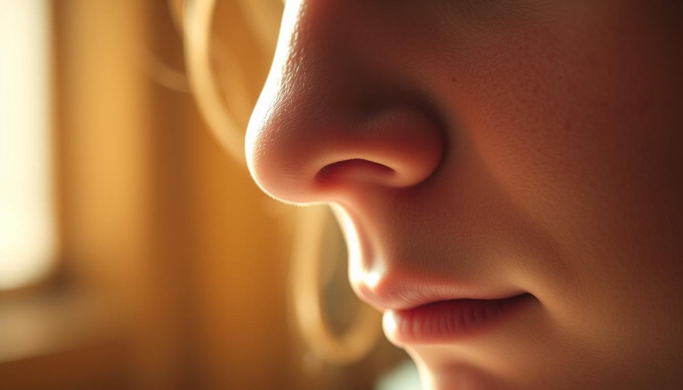 A detailed close-up portrait of a person's nose, illuminated by soft natural lighting. The nose is the primary focus, capturing its unique shape, texture, and contours in high definition. The background is blurred and indistinct, gently framing the nose and drawing the viewer's attention to this key feature of the face. The overall mood is one of careful observation and study, highlighting the importance of nose shape and size in the ancient art of physiognomy.