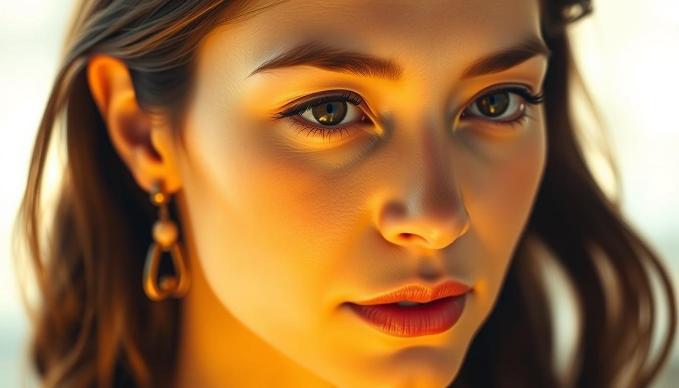 A detailed close-up portrait of a woman with a distinctive V-shaped hairline, illuminated by soft, warm lighting that accentuates her delicate facial features. The subject's expression conveys a sense of introspection and wisdom, hinting at the depth of her character and the insights it may hold. The background is gently blurred, keeping the focus on the intriguing shape of her hairline and the captivating aura surrounding her. Captured with a high-resolution camera and a shallow depth of field, the image invites the viewer to study and interpret the subtle nuances of this unique facial characteristic and its potential connection to the subject's personality and destiny.