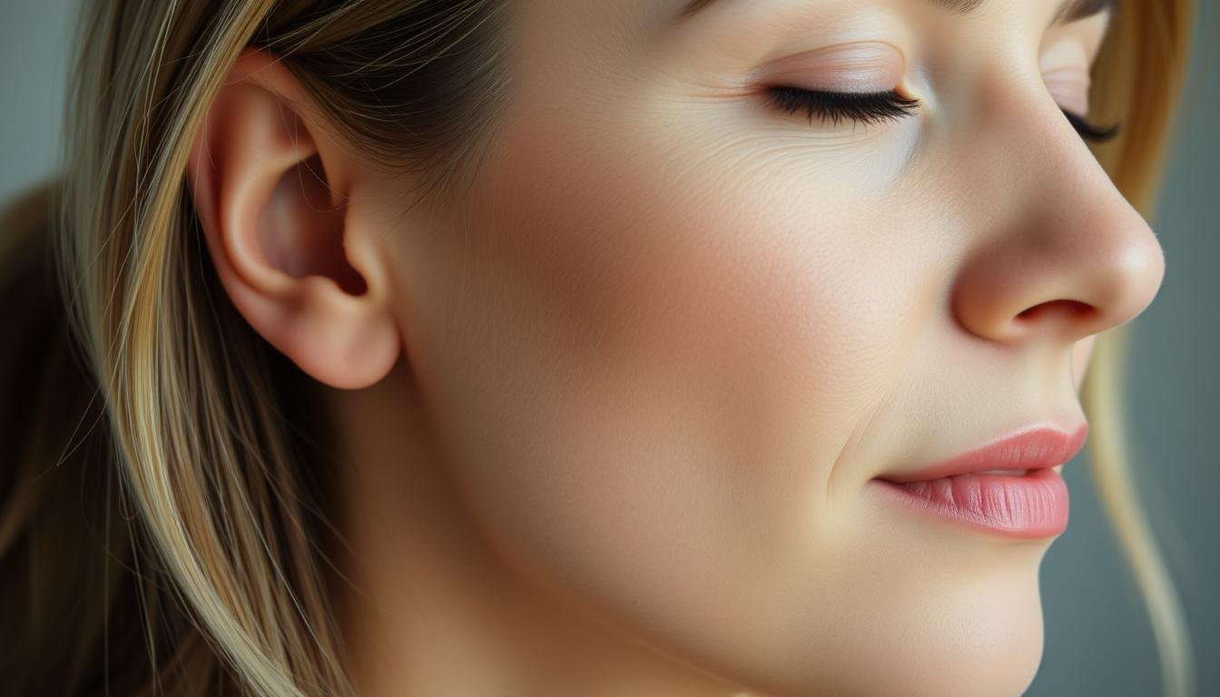 A detailed close-up portrait of a woman's face and ears, captured in a soft, natural lighting. The skin has a smooth, even texture, and the features are delicately rendered. The focus is on the woman's ears, with special attention to the shape and angle of the earlobes, as well as the outer contours of the ears. The ears are slightly protruding, suggesting a sensitive and intuitive personality. The expression on the woman's face is serene, reflecting a sense of introspection and inner harmony. The background is blurred, placing the emphasis on the facial details. The overall mood is contemplative and insightful, evoking a sense of understanding the subject's emotional and psychological nature through the study of their physiognomy.