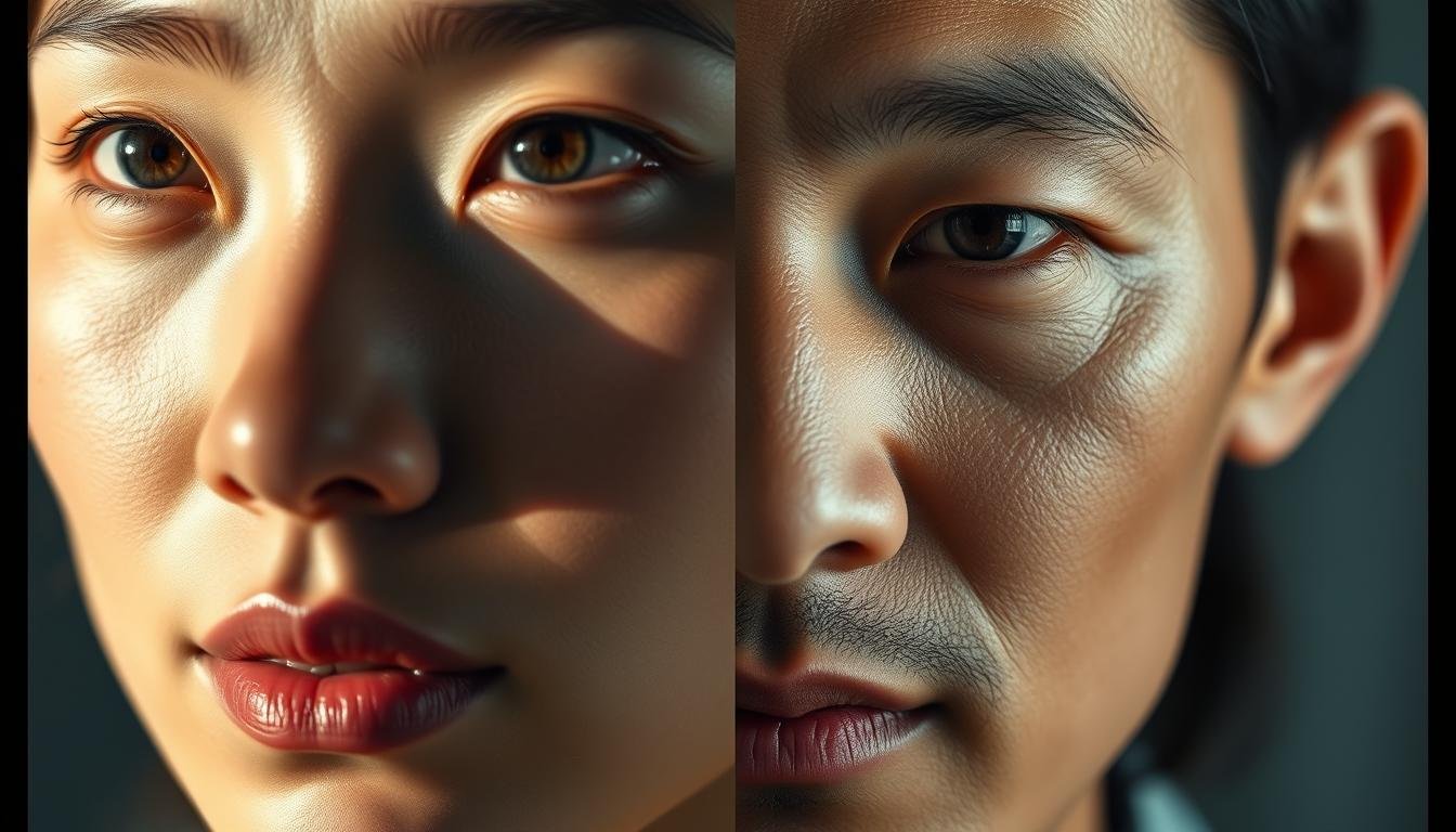 A detailed close-up portrait of a woman's face, showcasing the unique features of her tiger tooth (虎牙) with a side-by-side comparison to a man's tiger tooth. The woman's face is illuminated by soft, directional lighting, capturing the subtle contours and textures of her skin. The man's face is similarly lit, allowing a careful study of the distinct differences in the shape, size, and positioning of their tiger teeth. The background is blurred, keeping the focus on the intricate facial details. The overall mood is one of scientific inquiry and aesthetic appreciation, inviting the viewer to explore the nuanced gender-based variations in this distinct physiognomic trait.