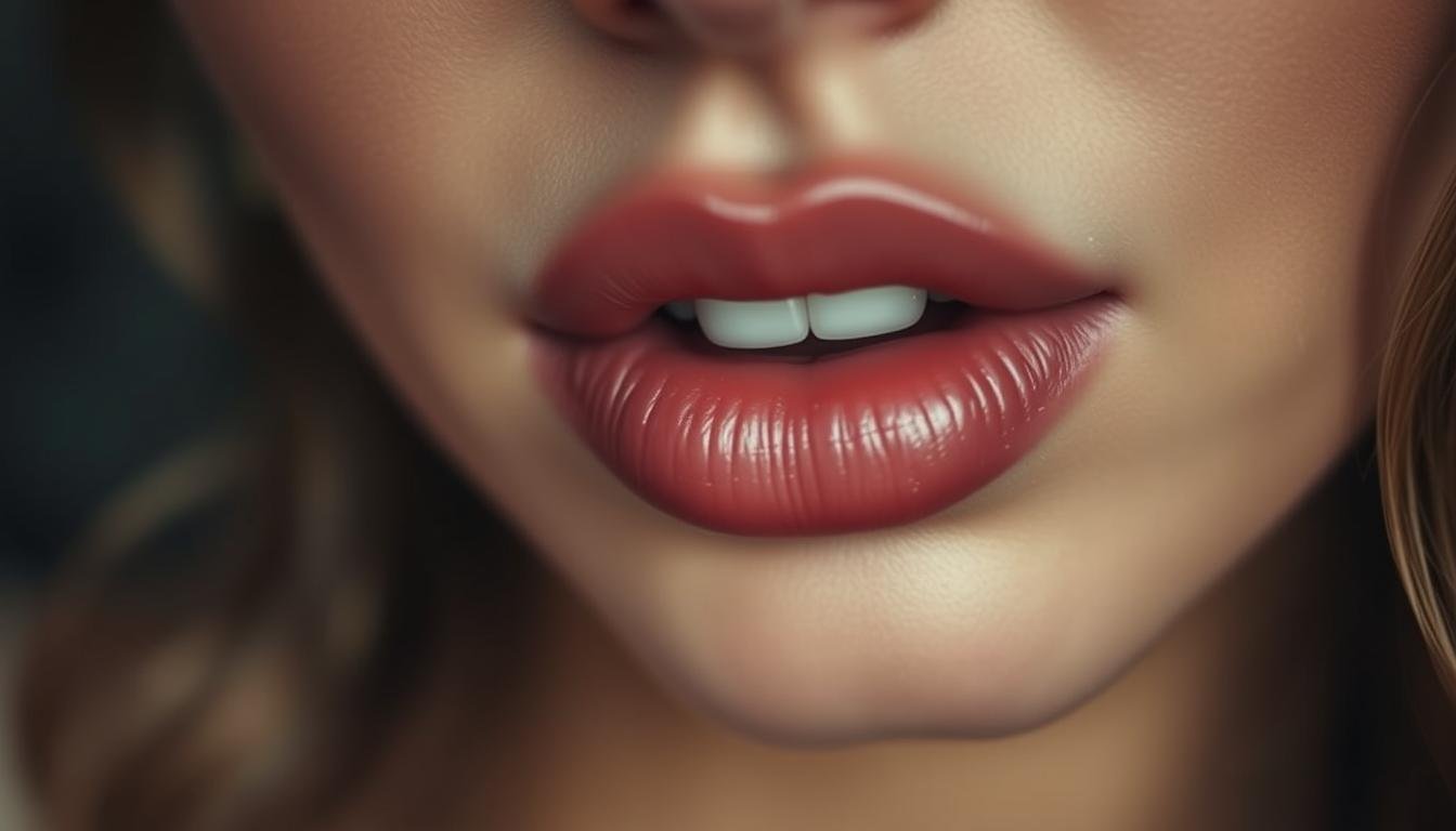 A detailed close-up portrait of a woman's lips, prominently featuring the "lip pearls" or "lip diamonds" on the upper lip. The lips are full, lush, and sensual, with a subtle shine and a delicate, almost ethereal quality. The lighting is soft and diffused, creating a warm, intimate atmosphere that draws the viewer's gaze to the intricate features of the lips. The background is blurred and out of focus, allowing the lips to be the sole focus of the image. The angle is slightly angled, giving a slightly up-close and personal perspective. The overall mood is one of quiet contemplation, inviting the viewer to study the subtle nuances and meanings of the lip pearls as a reflection of the subject's personality and destiny.