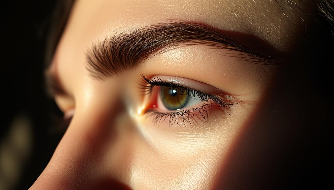 A detailed close-up portrait of an asymmetrical eyebrow, captured with a crisp, high-resolution lens. The eyebrow is sculpted with a sharp, angular shape, casting deep shadows that reveal the intricate textures and contours of the brow hairs. Soft, diffused lighting from the side accentuates the depth and dimensionality of the subject, creating a sense of depth and drama. The background is subtly blurred, keeping the focus solely on the expressive, individualistic eyebrow. Warm, earthy tones and a moody, contemplative atmosphere evoke a sense of mystery and hidden meanings, hinting at the deeper insights to be gleaned from the study of physiognomy.
