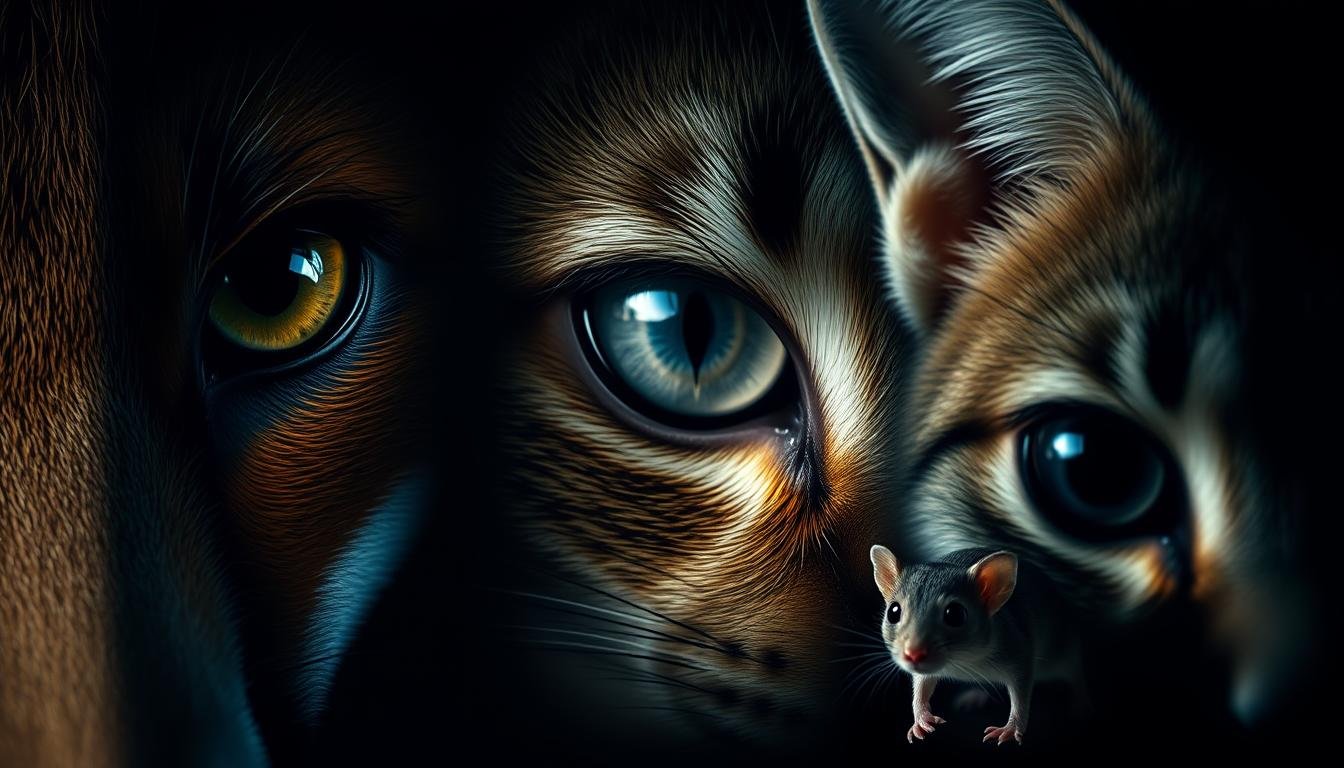 A detailed close-up portrait of the eyes of three different animal species - a fox, a cat, and a mouse - showcased against a dark, atmospheric background. The fox eye is piercing and sly, the cat eye is intense and mysterious, and the mouse eye is small and timid. Dramatic lighting from the side creates deep shadows and highlights the intricate textures and shapes of the eyes. The composition emphasizes the contrast between the three distinct eye types, drawing attention to their unique features and expressive qualities. An otherworldly, almost mystical mood pervades the scene, hinting at the hidden meanings and insights contained within the animal's eyes. A detailed close-up portrait of the eyes of three different animal species - a fox, a cat, and a mouse - showcased against a dark, atmospheric background. The fox eye is piercing and sly, the cat eye is intense and mysterious, and the mouse eye is small and timid. Dramatic lighting from the side creates deep shadows and highlights the intricate textures and shapes of the eyes. The composition emphasizes the contrast between the three distinct eye types, drawing attention to their unique features and expressive qualities. An otherworldly, almost mystical mood pervades the scene, hinting at the hidden meanings and insights contained within the animal's eyes.