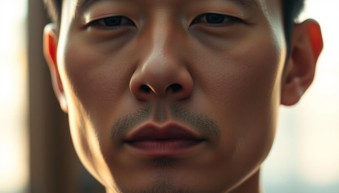 A detailed close-up portrait showcasing the key facial features of a serene Asian man. The lighting is soft and diffused, creating a warm, contemplative atmosphere. The ear, eyebrows, nose, philtrum, and chin are sharply defined, allowing their unique shapes and proportions to be analyzed. The subject's gaze is peaceful and introspective, inviting the viewer to study the nuances of his physiognomy. The image is framed tightly, isolating these facial landmarks against a subtly blurred background to emphasize their significance in the art of facial analysis.