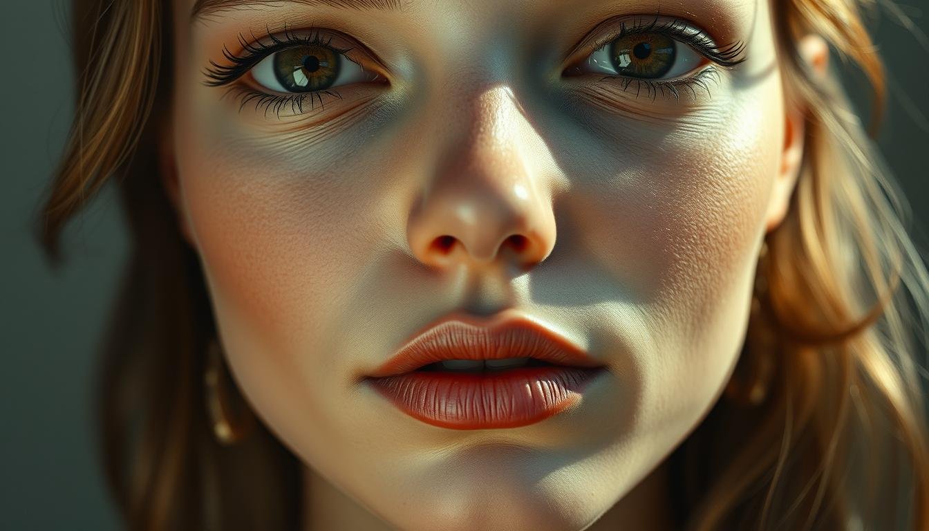 A detailed close-up study of a serene female face, captured in soft, diffused lighting that accentuates the delicate features. The eyes are expressive, conveying a sense of introspection and wisdom. The nose, lips, and cheekbones are meticulously rendered, revealing the unique contours and symmetry that shape this individual's persona. The skin tone is luminous, with subtle imperfections that add depth and character. The composition is centered, allowing the viewer to focus on the intricate details that hold the key to understanding the subject's destiny. This is a thoughtful, contemplative portrait that invites the observer to explore the profound connection between one's outward appearance and the hidden depths of their being.