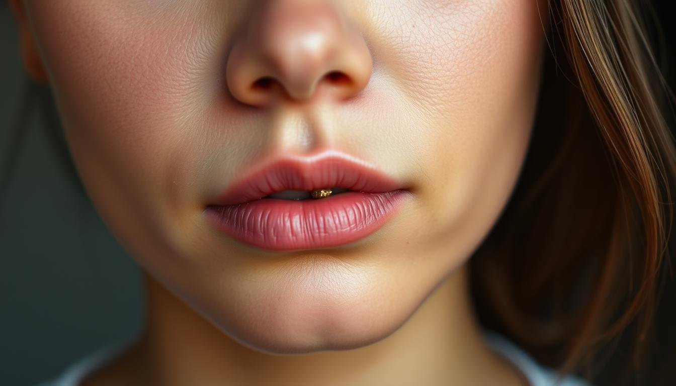 A detailed closeup portrait of a person's lower face, focusing on the area around the mouth and nose. The subject has a distinct "gold sand" or "golden thread" birthmark or mole near the corner of the mouth, which is the primary point of interest. The skin has a soft, smooth texture, with natural lighting that accentuates the contours and shadows of the facial features. The expression is neutral, conveying a sense of tranquility and introspection. The background is blurred, creating a sense of depth and focus on the subject's face. The overall mood is one of quiet contemplation and the promise of good fortune and interpersonal connections.