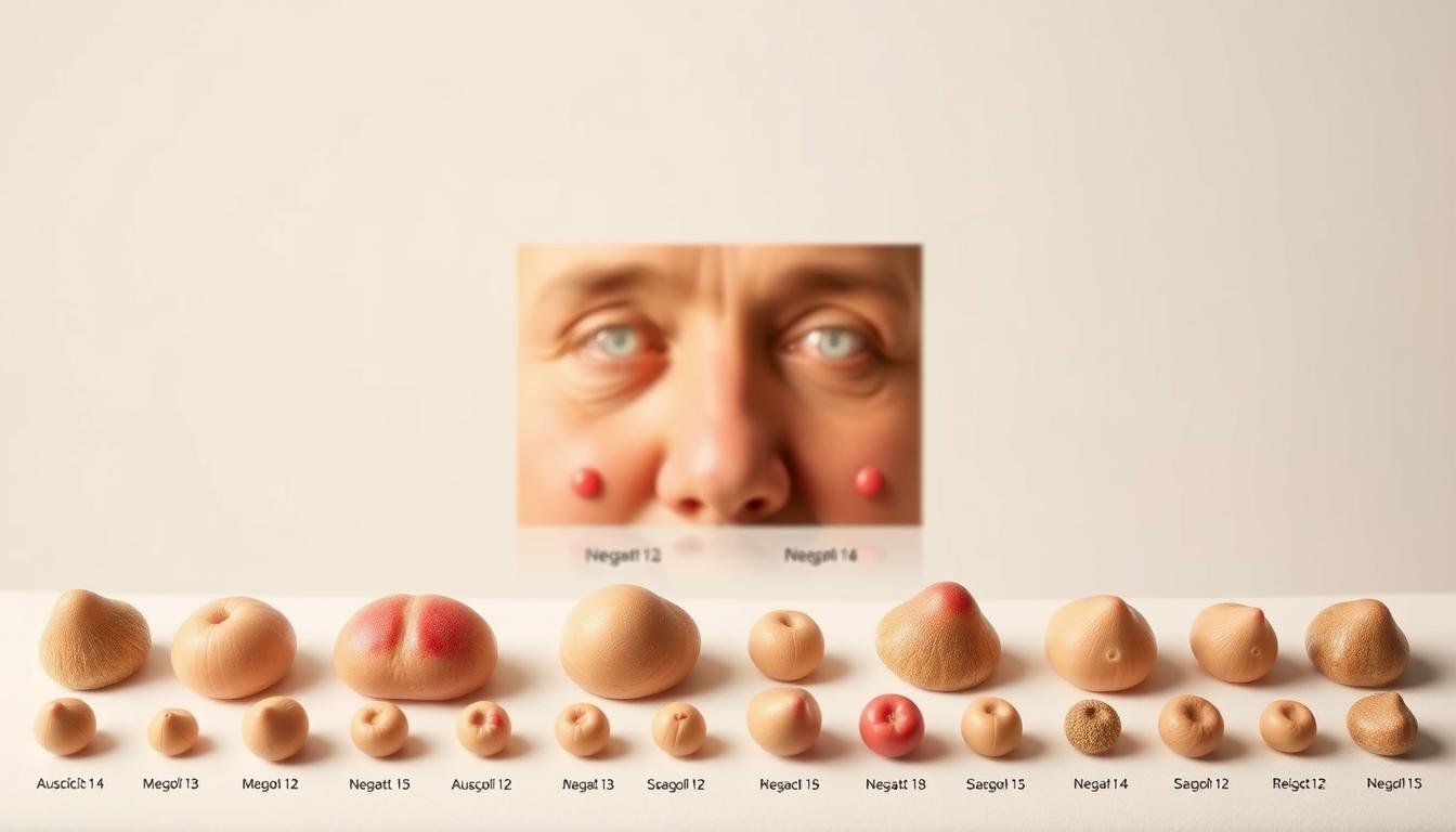 A detailed comparison of the characteristics of auspicious and inauspicious moles, shown against a softly lit, neutral background. In the foreground, a set of moles in various shapes, sizes, and placements are depicted with precision, allowing for clear visual analysis. The middle ground features contrasting examples, highlighting the distinct features that distinguish positive and negative moles. The overall composition conveys a sense of study and contemplation, inviting the viewer to closely examine the nuances of physiognomy.