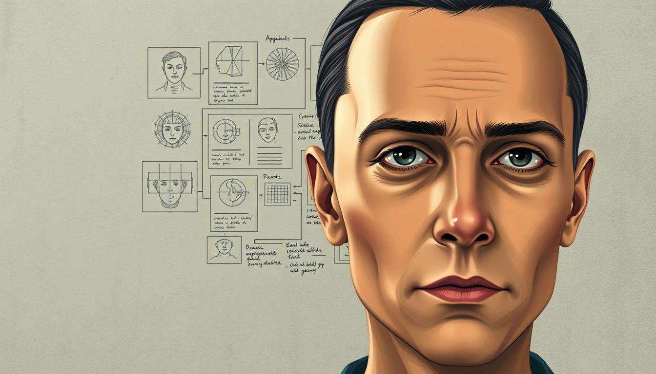 A detailed, contemplative facial analysis illustration. In the foreground, a serene, close-up portrait of a pensive individual's face, with a neutral expression that invites interpretation. The skin tones are realistic, with subtle highlights and shadows that accentuate the unique facial features. In the middle ground, a series of overlapping diagrams, charts, and annotations that examine the individual's facial structure, highlighting key points of interest. The background is a muted, textured environment, creating a sense of depth and focus on the analytical elements. The lighting is soft and diffused, evoking a calm, introspective atmosphere. The overall composition guides the viewer's attention to the thoughtful, comprehensive assessment of the subject's physiognomic characteristics. A detailed, contemplative facial analysis illustration. In the foreground, a serene, close-up portrait of a pensive individual's face, with a neutral expression that invites interpretation. The skin tones are realistic, with subtle highlights and shadows that accentuate the unique facial features. In the middle ground, a series of overlapping diagrams, charts, and annotations that examine the individual's facial structure, highlighting key points of interest. The background is a muted, textured environment, creating a sense of depth and focus on the analytical elements. The lighting is soft and diffused, evoking a calm, introspective atmosphere. The overall composition guides the viewer's attention to the thoughtful, comprehensive assessment of the subject's physiognomic characteristics.