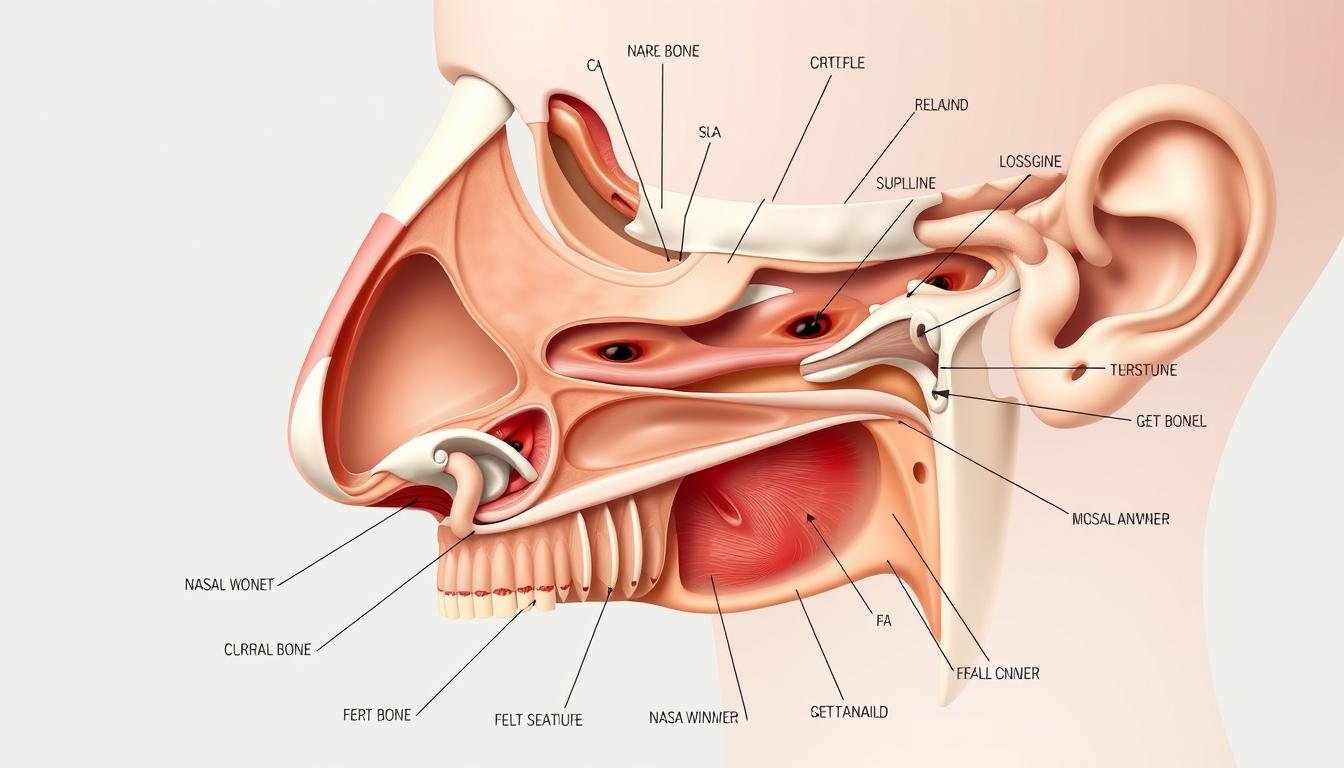 A detailed cross-section analysis of the nasal anatomy, highlighting the intricate structure of the nasal bones, cartilage, and airways. The image should have a clean, scientific illustration style, with a neutral color palette and precise anatomical labeling. Soft, even lighting illuminates the features, creating a sense of clinical objectivity. The perspective should be slightly angled to provide a clear, three-dimensional view of the nasal architecture. The focus should be on the structural components, conveying a sense of technical understanding and medical investigation. A detailed cross-section analysis of the nasal anatomy, highlighting the intricate structure of the nasal bones, cartilage, and airways. The image should have a clean, scientific illustration style, with a neutral color palette and precise anatomical labeling. Soft, even lighting illuminates the features, creating a sense of clinical objectivity. The perspective should be slightly angled to provide a clear, three-dimensional view of the nasal architecture. The focus should be on the structural components, conveying a sense of technical understanding and medical investigation.
