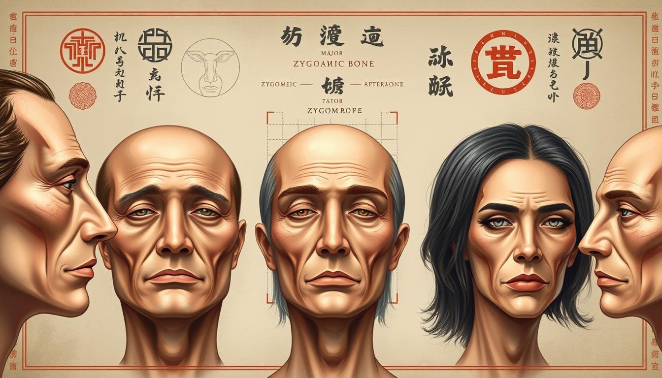 A detailed digital illustration showcasing the seven major zygomatic bone physiognomy types. The foreground prominently features a close-up view of a series of diverse facial profiles, each with distinctive zygomatic bone structure and contours. The middle ground provides additional contextual information, such as labeled outlines highlighting the key features of each type. The background subtly incorporates motifs and symbols associated with traditional Chinese face reading practices, creating an atmosphere of scholarly study and cultural significance. Rendered in a realistic, highly detailed style with careful attention to lighting, shadows, and textural nuances to enhance the sense of depth and three-dimensionality.