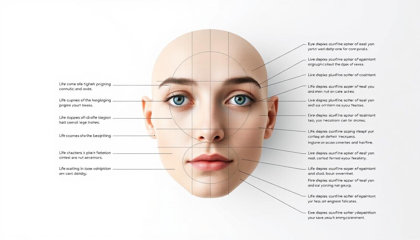 A detailed face analysis diagram featuring a grid of different facial features and their symbolic interpretations. The face is presented in a clean, minimalist style against a plain white background, lit by soft, even lighting to highlight the subtle textures and contours. The grid layout organizes the various components like eye shape, nose structure, mouth shape, and hairline, each with concise labels explaining their associated character traits and life predictions. The overall mood is informative and analytical, conveying the rigorous study of physiognomy in a visually compelling manner.