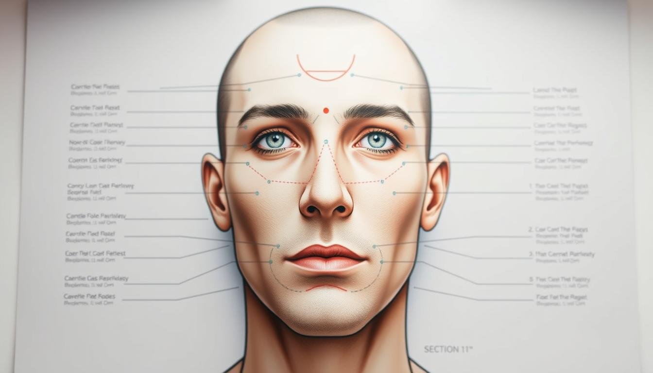 A detailed facial analysis chart showcasing the precise positioning and significance of moles on a male face. The chart is presented in a clean, minimalist style with a white background, allowing the facial features and mole placements to be the central focus. The chart is illuminated by soft, diffused lighting, creating a sense of clarity and professionalism. The facial model is rendered with a neutral expression, allowing the viewer to focus on the informative aspects of the chart. The overall composition emphasizes the intricate relationship between facial mole positions and their corresponding interpretations in physiognomy, as described in the section title. A detailed facial analysis chart showcasing the precise positioning and significance of moles on a male face. The chart is presented in a clean, minimalist style with a white background, allowing the facial features and mole placements to be the central focus. The chart is illuminated by soft, diffused lighting, creating a sense of clarity and professionalism. The facial model is rendered with a neutral expression, allowing the viewer to focus on the informative aspects of the chart. The overall composition emphasizes the intricate relationship between facial mole positions and their corresponding interpretations in physiognomy, as described in the section title.