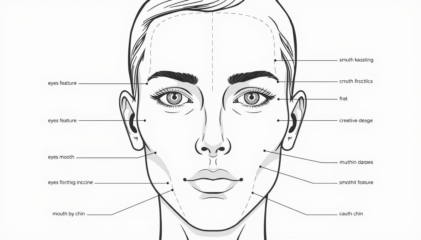 A detailed facial analysis diagram showcasing the key features of a human face. The image should have a clean, scientific illustration style with high-contrast lines and minimal shading. Clearly delineated sections highlighting the forehead, eyes, nose, cheeks, mouth, and chin, with descriptive labels for each feature. The lighting should be soft and evenly distributed, creating a neutral, clinical atmosphere. The camera angle should be a straightforward frontal view, emphasizing the symmetry and proportions of the face. The background should be a simple, uncluttered white or light gray to keep the focus on the analytical subject matter. The overall tone should convey a sense of thoughtful, objective study of the human physiognomy.