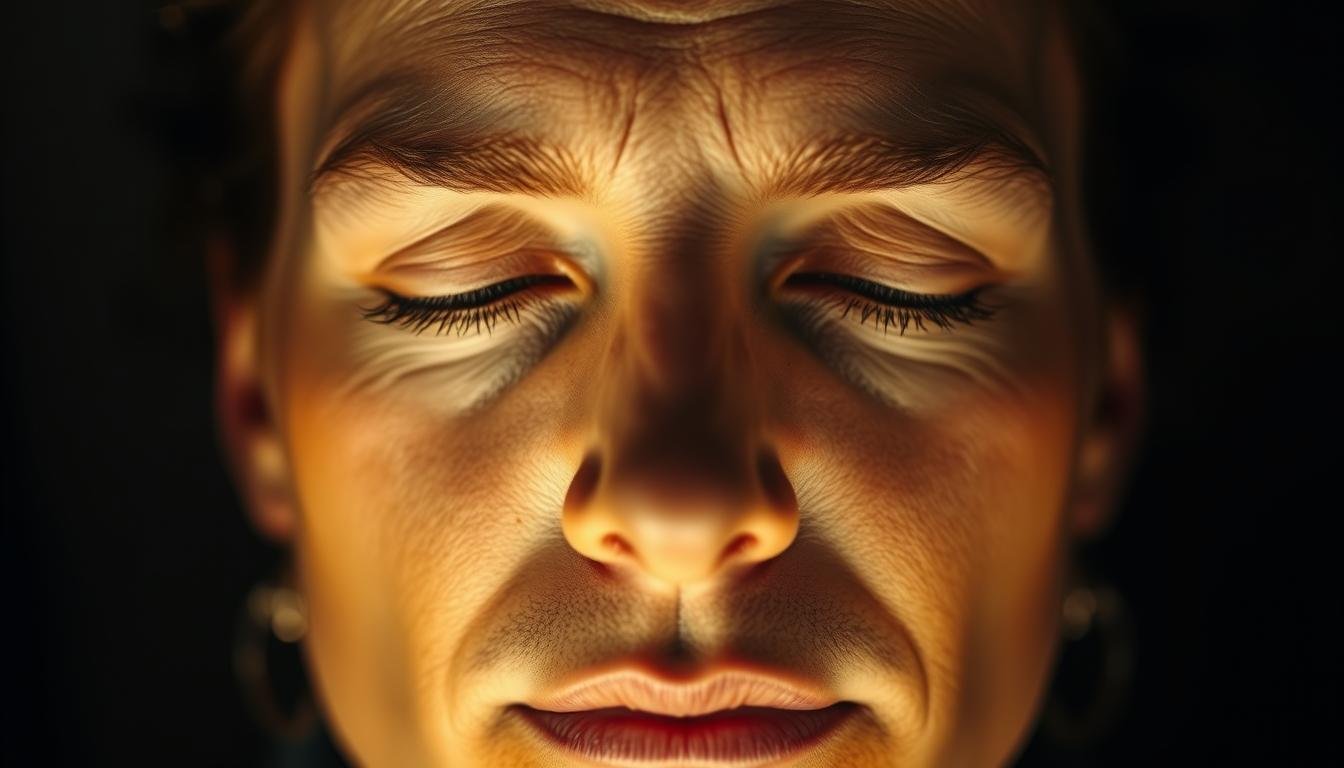A detailed facial close-up of a person's key features, illuminated by soft, warm lighting that highlights the intricate textures and contours. The forehead, eyes, and lips are the focal points, showcasing the unique characteristics associated with the "Three Major Facial Features" in physiognomy. The expression is serene and contemplative, conveying the mystical nature of this ancient practice. The image is captured with a shallow depth of field, blurring the background to draw attention to the face's expressive details. The overall mood is one of introspection and the unveiling of hidden personal truths.