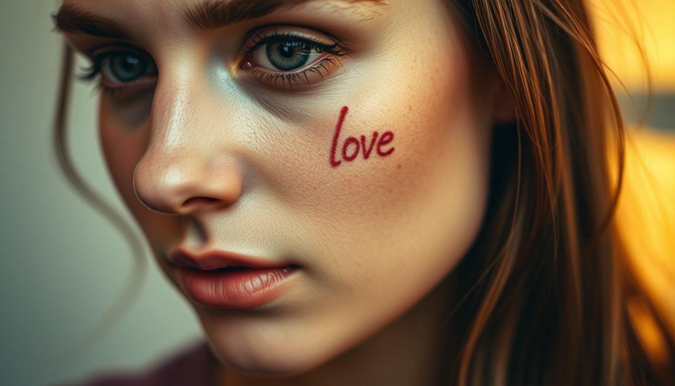 A detailed facial close-up of a woman's face, showcasing the intricate placement and meaning of love and marriage-related moles and birthmarks. Soft, warm lighting illuminates her delicate features, drawing attention to the strategically positioned marks on her cheeks, forehead, and chin. The image has a serene, contemplative mood, inviting the viewer to closely examine the subtle nuances of these physiognomic indicators and their connection to one's interpersonal relationships and romantic destiny. The composition is tightly framed, with a shallow depth of field blurring the background, keeping the focus squarely on the face and its telling imperfections.