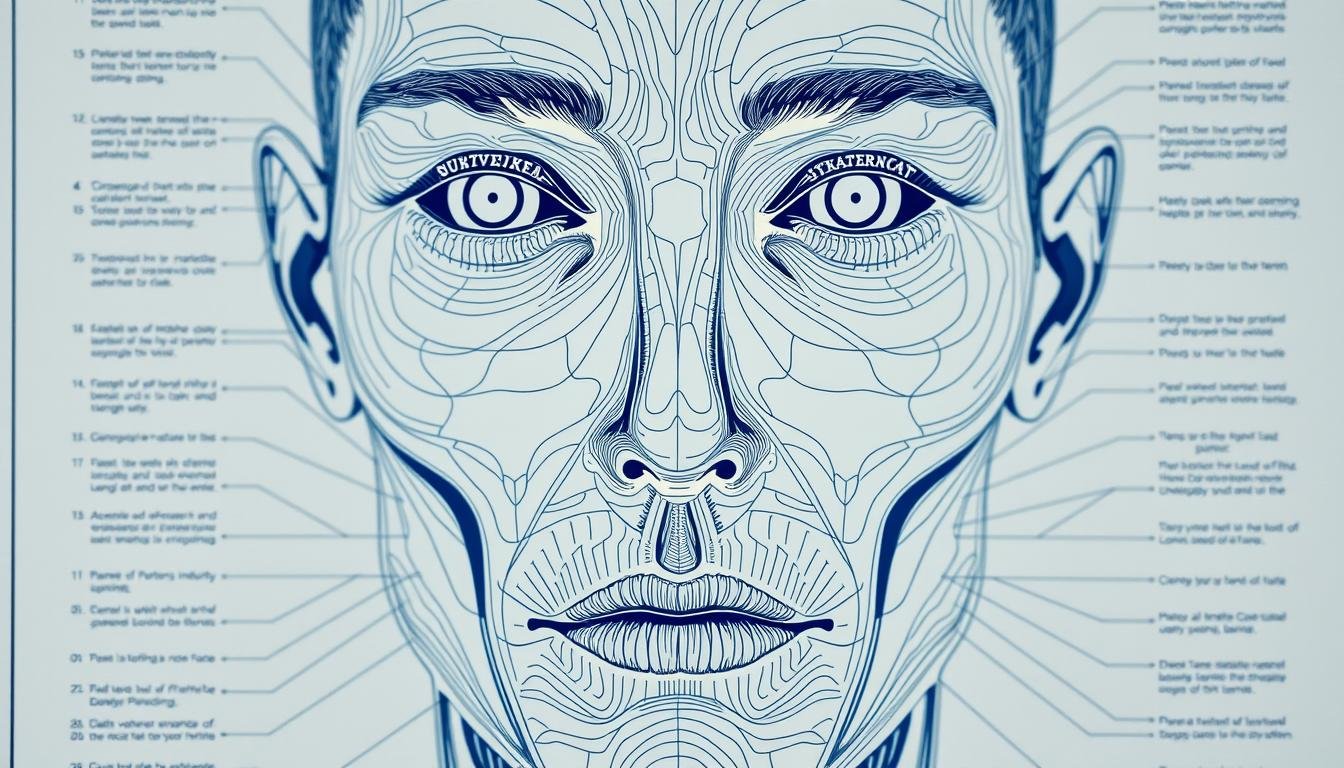 A detailed facial structure blueprint showcasing the varied morphological patterns of the Eight-Character face reading system. A scientific, high-resolution close-up of the facial landscape, capturing the diverse textures, lines, and contours that form the basis of physiognomic analysis. Illuminated by soft, neutral lighting that accentuates the intricate facial topography, this image should convey a sense of clinical precision and academic study, without distracting elements. Angles should be carefully composed to provide a comprehensive, unobstructed view of the facial features. The overall mood should be one of analytical focus, inviting the viewer to closely examine the nuanced details that reveal insights into personality and destiny.