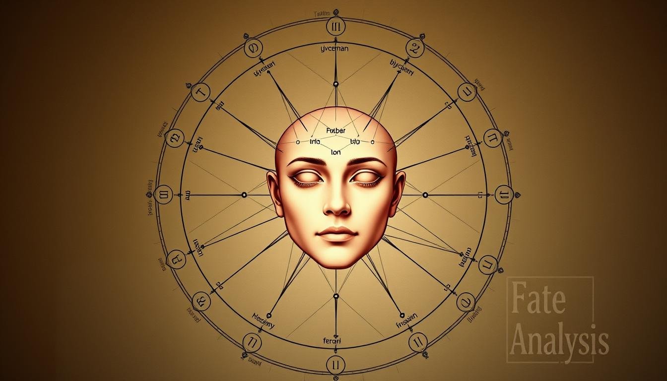 A detailed fate analysis diagram depicting the intertwined connections between facial features and life destiny. The diagram features a central face in soft lighting, with lines and nodes radiating outward to represent the intricate relationships between physiognomy and fortune. The background is a muted, earthy tone, creating a contemplative atmosphere. The overall composition is balanced and harmonious, subtly conveying the profound insights that can be gleaned from the ancient art of face reading. Technical details include a wide-angle lens, slightly elevated camera angle, and soft, diffused lighting to capture the nuanced details of the diagram.