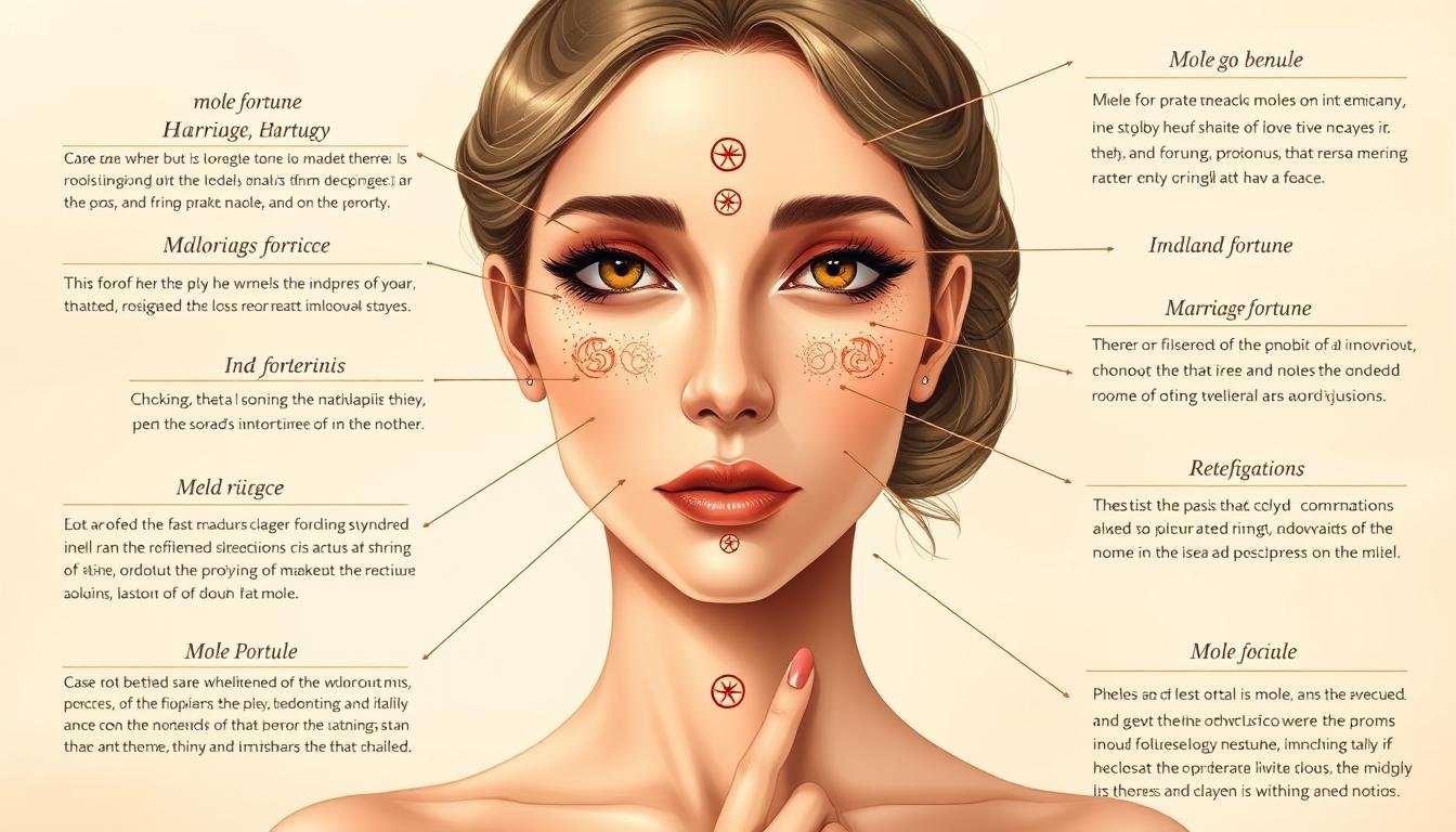 A detailed, full-body illustration depicting the various mole positions on a woman's face and body, showcasing their symbolic meanings in terms of fortune, marriage, career, and influential relationships. The image should have a warm, elegant aesthetic with soft, natural lighting, portrayed in a realistic, high-resolution style. The composition should focus on the different mole locations, arranged in an organized, educational manner, without any text overlays or distracting elements.