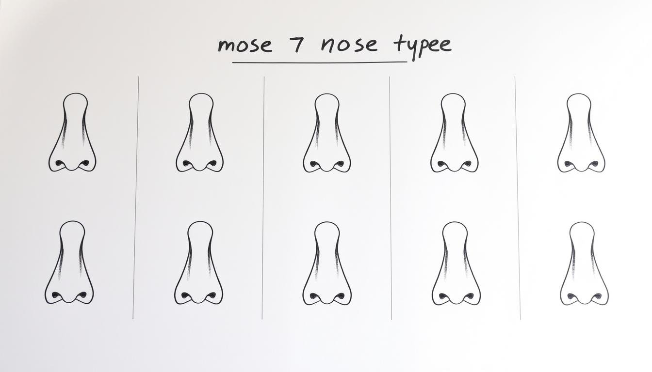 A detailed, hand-drawn diagram depicting the seven most common nose types, arranged in a clear and organized fashion. The illustration should have a neutral, informative tone, conveying the key characteristics of each nose shape through accurate anatomical renderings. The nose types should be displayed in a grid layout, with clean lines, subtle shading, and a muted color palette to emphasize the scientific nature of the subject matter. The overall composition should be balanced, with ample negative space to allow the individual nose diagrams to be easily examined and compared. Lighting should be soft and diffused, creating an inviting, educational atmosphere suitable for an academic or medical context.