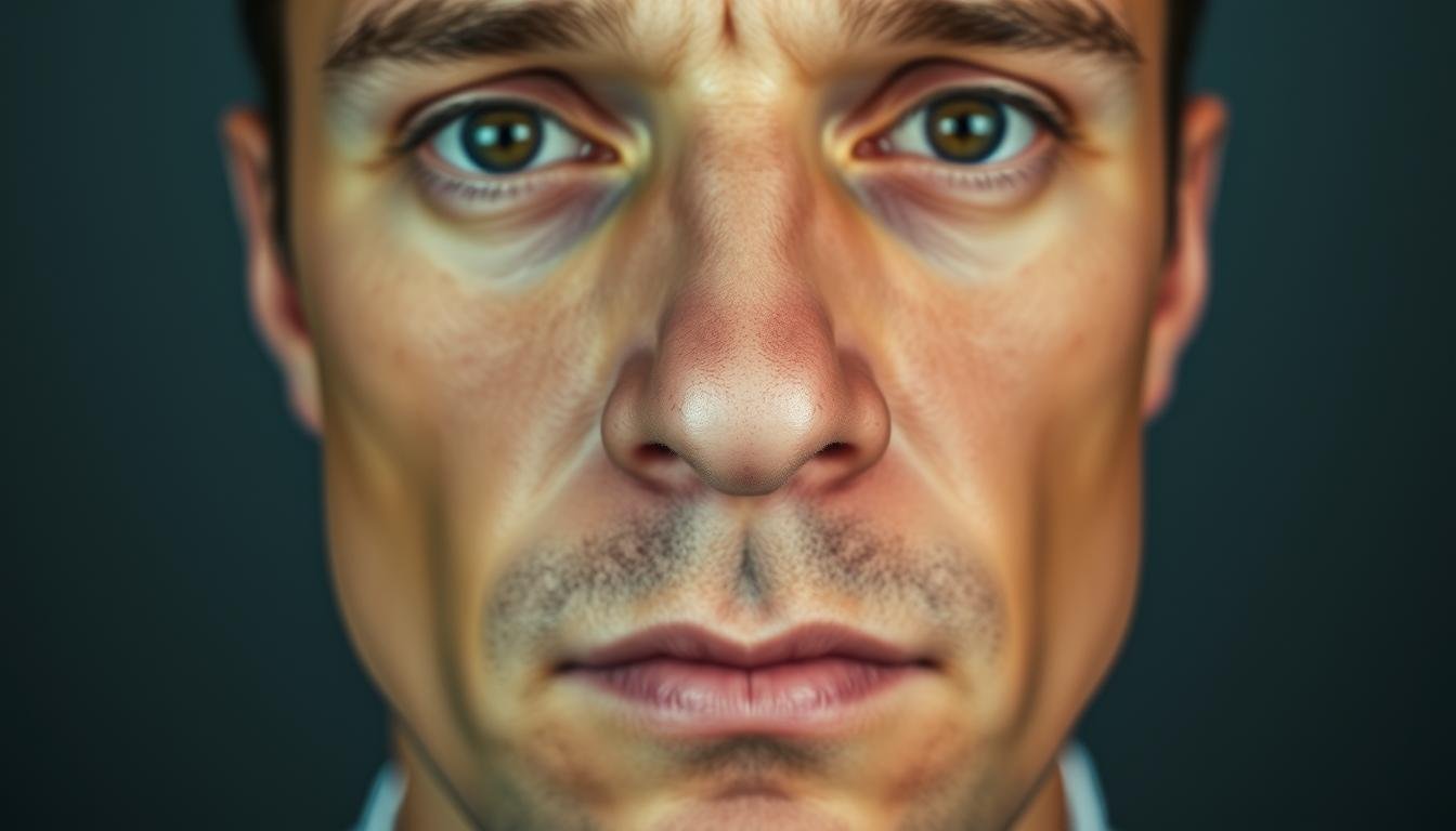 A detailed headshot of a person's face, showcasing a distinct lion-like nose shape with a prominent bridge and flared nostrils. The nose is positioned slightly off-center, giving a sense of asymmetry. The facial features are well-defined, with sharp cheekbones and a strong jawline. The skin has a warm, natural tone, and the lighting is soft and even, creating subtle shadows that accentuate the nose's unique contours. The background is blurred, keeping the focus on the captivating facial structure. The overall mood is one of introspection and analysis, hinting at the esoteric study of physiognomy and the power of the nose to reveal one's character.