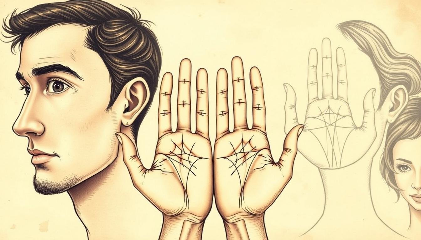 A detailed, high-quality illustration of the intersection between face reading (physiognomy) and palm reading (palmistry). The foreground features the profiles of two faces, one male and one female, with their facial features and expressions clearly delineated. The middle ground showcases their hands, palms up, with intricate lines, mounts, and shapes that suggest their personality traits and life paths. The background is a soft, ethereal gradient that evokes a sense of mysticism and the unseen forces that guide our lives. The overall mood is one of contemplation and self-discovery, with a vintage, hand-drawn aesthetic that complements the esoteric subject matter. Rendered with a sharp focus, nuanced lighting, and a cinematic, artistic flair.
