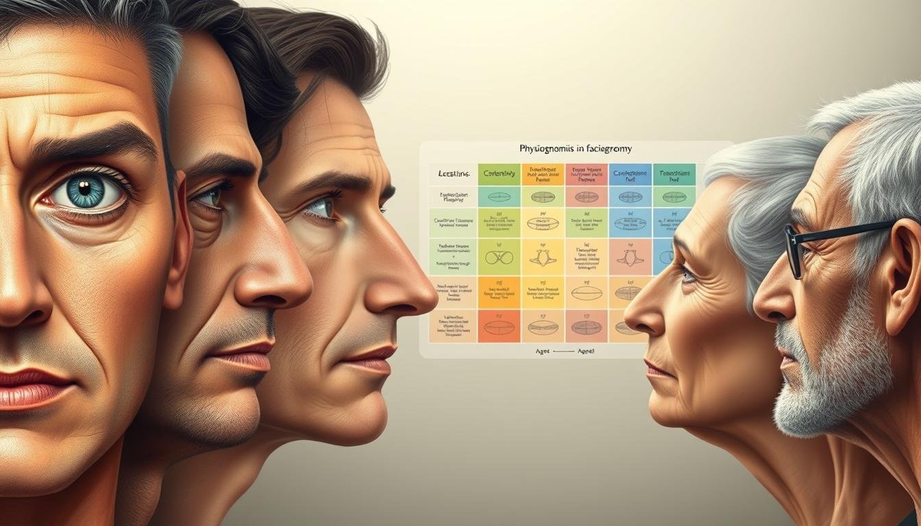A detailed, high-quality illustration of the key facial features and their representative meanings in physiognomy, showcased across different age ranges. The foreground depicts a series of realistic close-up portraits highlighting the eyes, nose, mouth, and ears in vivid detail, with a focus on how these change in appearance and significance as one grows older. The middle ground offers a stylized color-coded diagram mapping the physiognomic interpretations of each facial feature. The background provides a serene, contemplative atmosphere with soft, muted tones and subtle lighting to emphasize the thoughtful, scholarly nature of the subject matter. Rendered in a meticulous, photorealistic style to maximize educational impact.