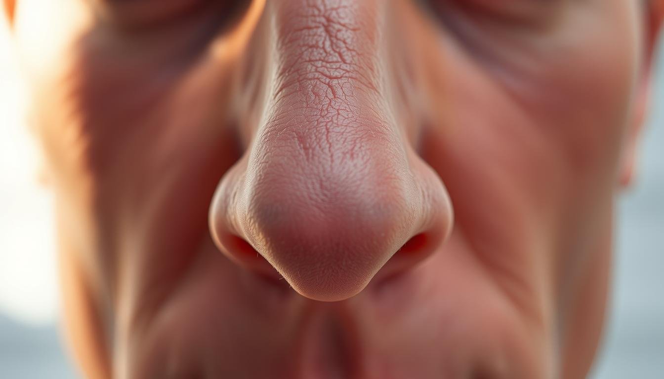 A detailed, high-resolution close-up of a human nose, showcasing its various features and structures for physiognomy analysis. The nose is illuminated by soft, natural lighting, casting subtle shadows to accentuate its contours. The image is framed to focus on the nasal bridge, nostrils, and nasal tip, allowing for a comprehensive examination of these key facial elements. The background is subtly blurred, keeping the attention on the intricate details of the nose. The overall mood is one of clinical, scientific study, inviting the viewer to closely observe and interpret the meanings behind the nose's shape and proportions.