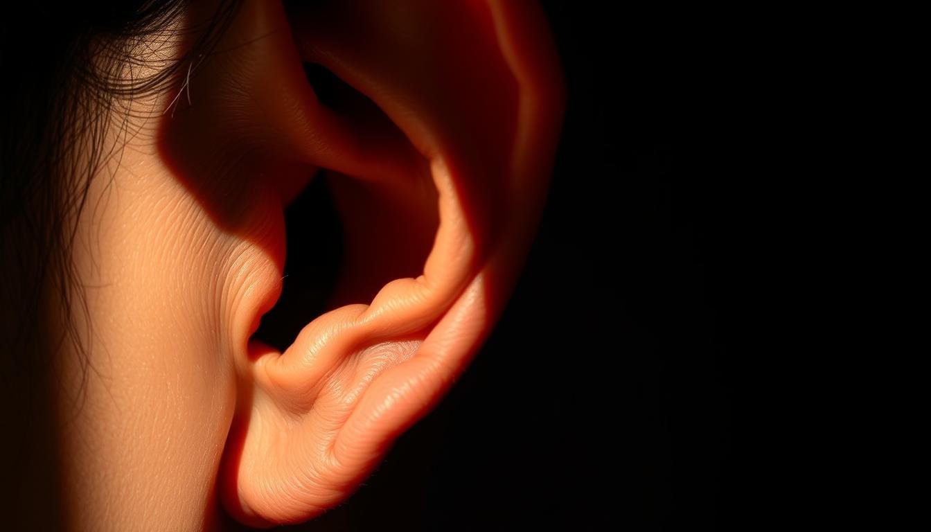 A detailed, high-resolution close-up of the distinctive features of a traditional Chinese "Zhaofeng Ear" (招風耳), including the intricate folds, ridges, and valleys of the outer ear. The image is lit dramatically from the side, casting deep shadows that accentuate the contours and textures of the ear. The lighting is soft and flattering, with a warm color palette that evokes a sense of mystery and depth. The focus is sharp and the depth of field is shallow, drawing the viewer's attention to the intricate, almost sculptural structure of the ear. The overall mood is one of reverence and careful observation, inviting the viewer to study the nuances of this significant facial feature in Chinese physiognomy. A detailed, high-resolution close-up of the distinctive features of a traditional Chinese "Zhaofeng Ear" (招風耳), including the intricate folds, ridges, and valleys of the outer ear. The image is lit dramatically from the side, casting deep shadows that accentuate the contours and textures of the ear. The lighting is soft and flattering, with a warm color palette that evokes a sense of mystery and depth. The focus is sharp and the depth of field is shallow, drawing the viewer's attention to the intricate, almost sculptural structure of the ear. The overall mood is one of reverence and careful observation, inviting the viewer to study the nuances of this significant facial feature in Chinese physiognomy.