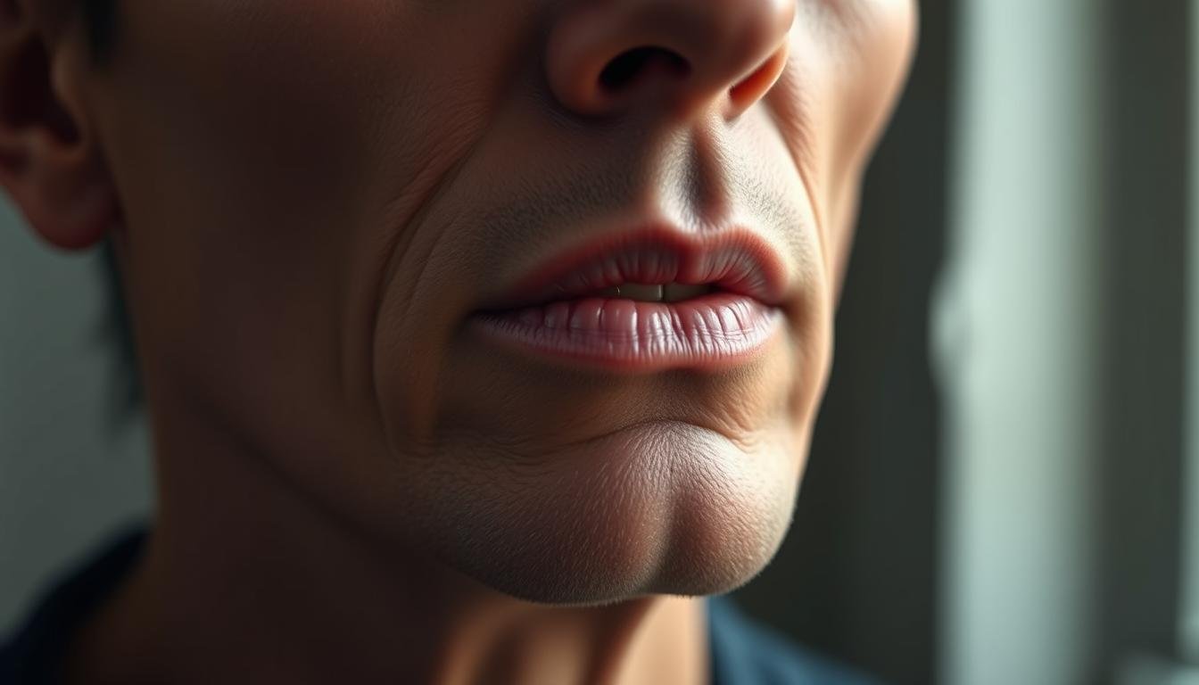 A detailed, high-resolution close-up portrait of a person's chin and jawline, with a focus on the facial features and contours that reveal insights into their personality and character according to the ancient art of physiognomy. The lighting is soft and natural, emphasizing the planes and angles of the face. The background is blurred to draw attention to the subject's chin and the subtle nuances of its shape, texture, and overall structure. The mood is contemplative, inviting the viewer to study and interpret the meaning behind the subject's facial features.