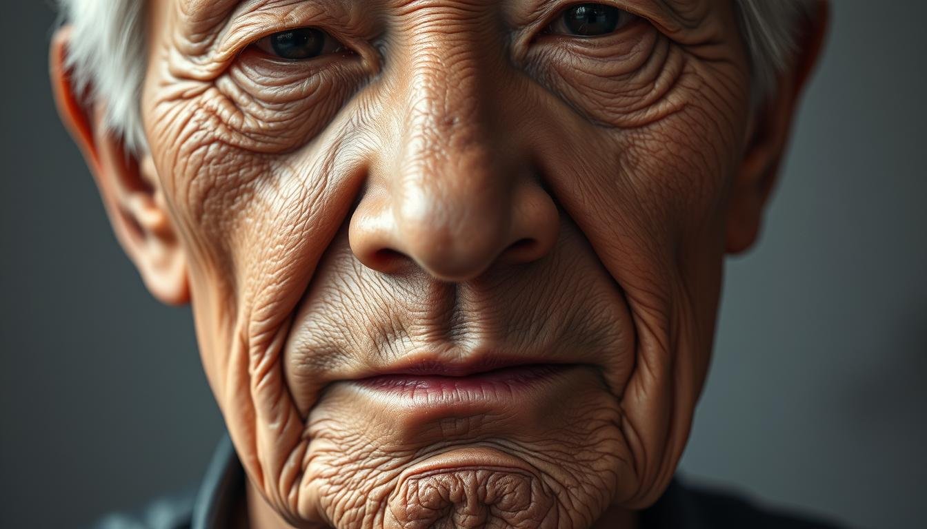 A detailed, high-resolution close-up portrait of an elderly Asian person's face, focused on the lower third area from the chin to the cheekbones. The skin has distinctive wrinkles, lines, and discolorations characteristic of advanced age. The lighting is soft and diffuse, creating gentle shadows that accentuate the facial features. The expression is neutral, neither happy nor sad, conveying a sense of introspection and wisdom. The background is blurred and indistinct, placing the emphasis entirely on the subject's face and its telling physiognomic details. The overall mood is one of quiet contemplation, suggesting the profound insights that can be gleaned from the study of this important region of the face.