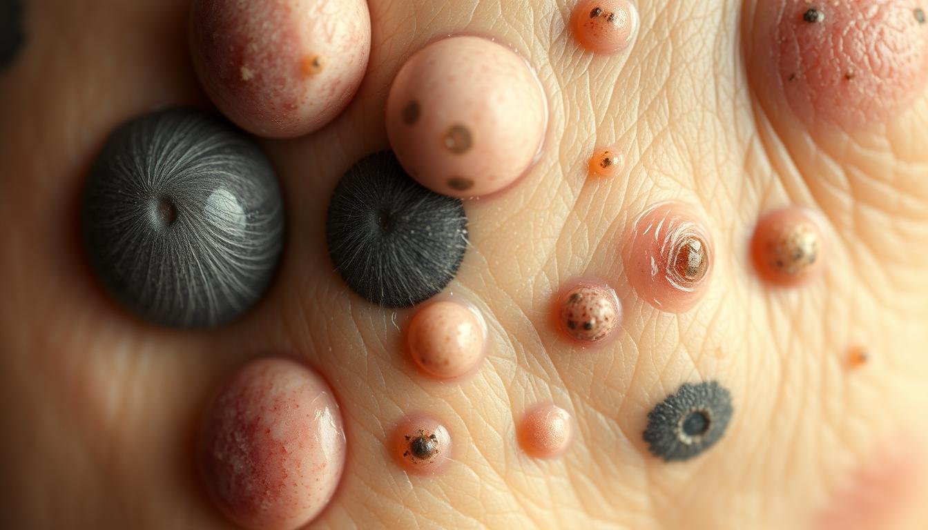 A detailed, high-resolution close-up study of moles, birthmarks, and skin imperfections, meticulously capturing their diverse shapes, sizes, and hues. The subjects are rendered with impeccable photorealism under soft, diffused lighting that highlights their intricate textures and subtle variations in pigmentation. The composition focuses on the nuanced interplay of these dermatological features, allowing the viewer to closely examine their potential implications for one's health and wellbeing, as per the principles of physiognomy. The overall mood is contemplative and analytical, inviting the viewer to engage in a deeper understanding of these natural markings and their significance. A detailed, high-resolution close-up study of moles, birthmarks, and skin imperfections, meticulously capturing their diverse shapes, sizes, and hues. The subjects are rendered with impeccable photorealism under soft, diffused lighting that highlights their intricate textures and subtle variations in pigmentation. The composition focuses on the nuanced interplay of these dermatological features, allowing the viewer to closely examine their potential implications for one's health and wellbeing, as per the principles of physiognomy. The overall mood is contemplative and analytical, inviting the viewer to engage in a deeper understanding of these natural markings and their significance.