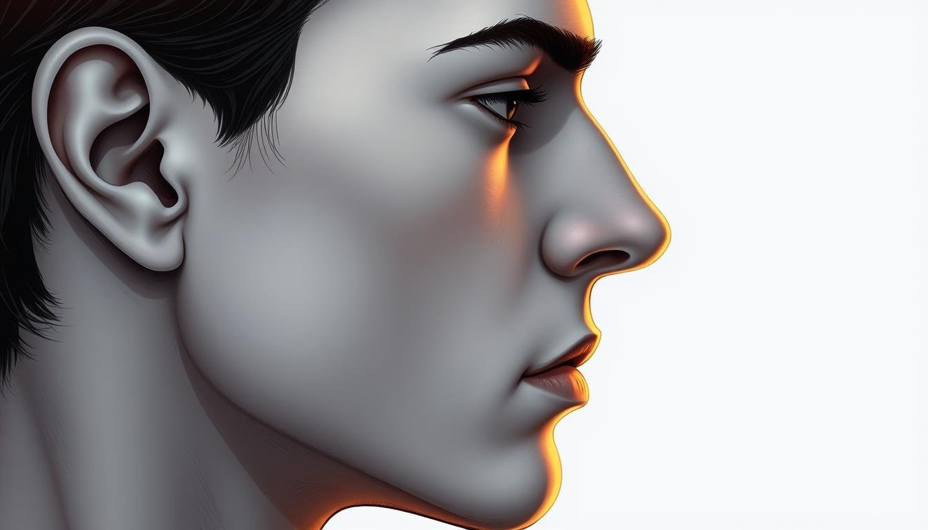 A detailed, high-resolution digital illustration of a person's face in profile, showcasing the distinct nose bridge and its unique characteristics. The subject's facial features are rendered with precision, capturing the intricate details and subtle asymmetries of the nose bridge. The lighting is soft and directional, subtly accentuating the contours and shadows to reveal the subject's unique facial physiognomy. The background is minimalist, allowing the viewer to focus solely on the central subject and its nuanced facial analysis. The overall tone is one of contemplation and exploration, hinting at the deeper insights that can be gleaned from the study of facial features and their connection to one's life path.