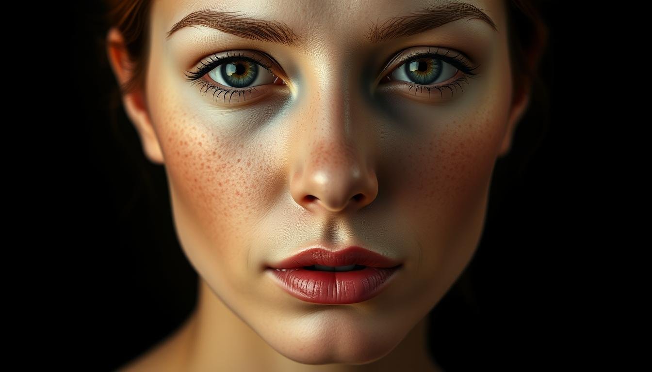 A detailed, high-resolution digital painting depicting the relationship between facial moles and personal fortune. The scene shows a close-up, life-like portrait of a woman's face against a dark, minimalist background. The woman's facial features are rendered with hyper-realistic precision, with special attention paid to the placement and prominence of her moles. Warm, directional lighting illuminates the skin, creating subtle shadows and highlights that enhance the depth and dimensionality of the image. The overall mood is contemplative and introspective, inviting the viewer to examine the subject's moles and consider their astrological and spiritual significance.